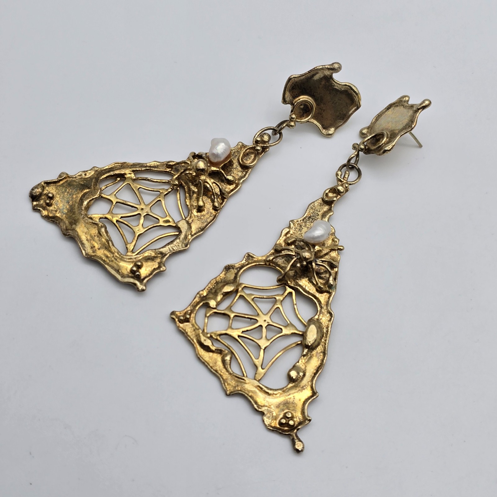 VTG Abstract Brutalist Spider Web Gold over Sterling Pearl Pendant Earrings Set