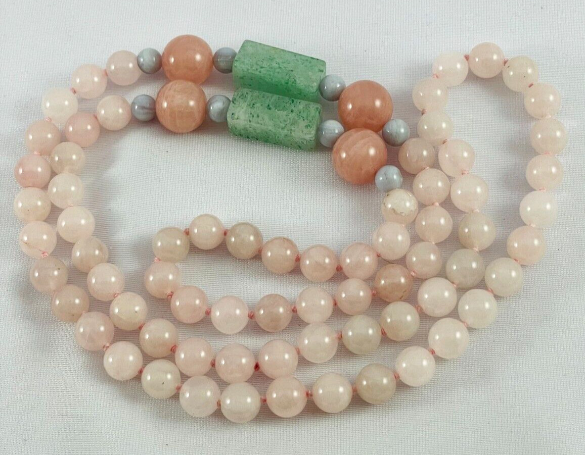 Pink And Green Jade Quartz Hand Knotted Beaded Necklace Long