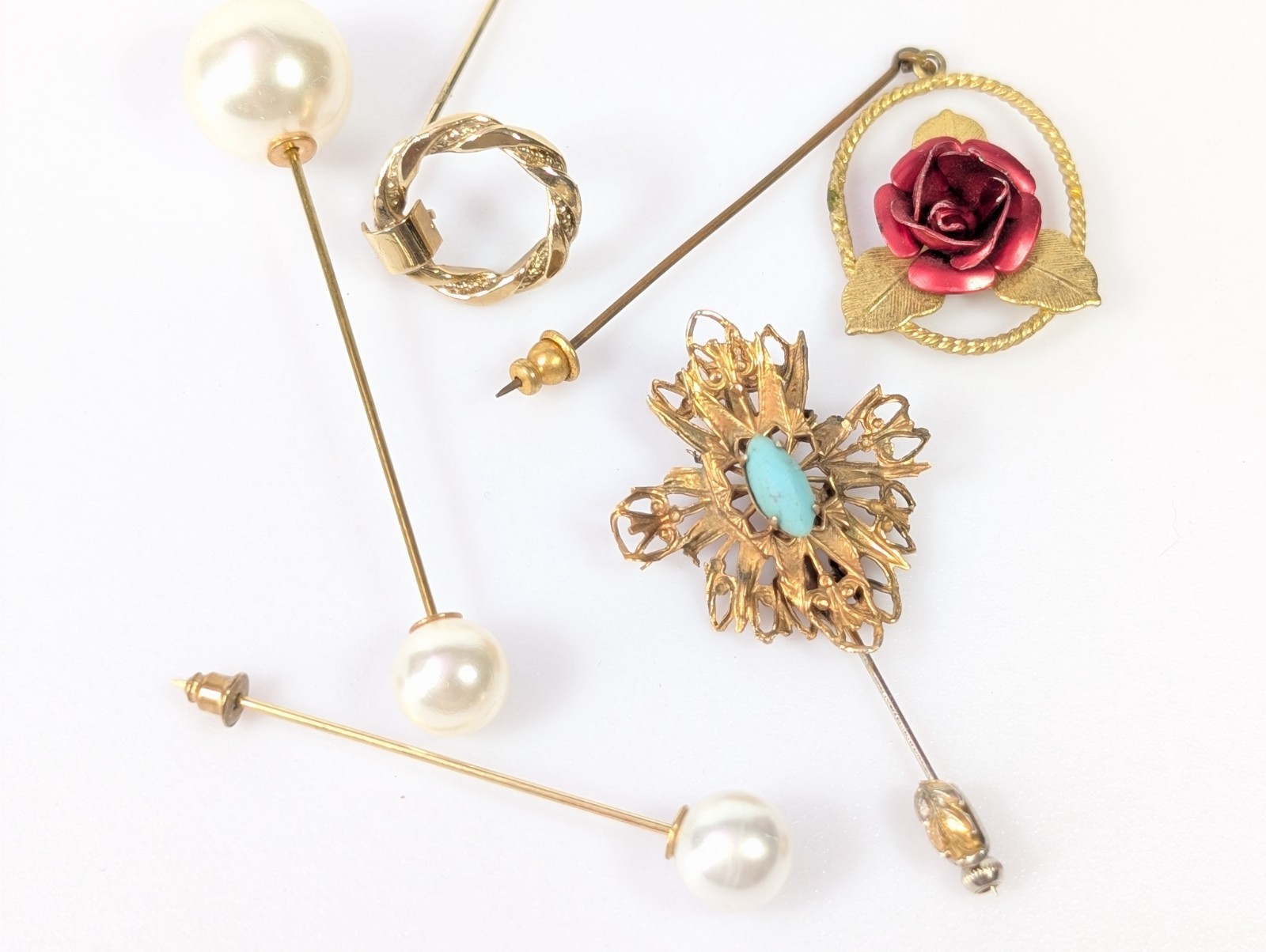 Vtg Hat Stick Pin Lot Faux Pearl & Turquoise Red Rose Gothic Jewelry Unsigned
