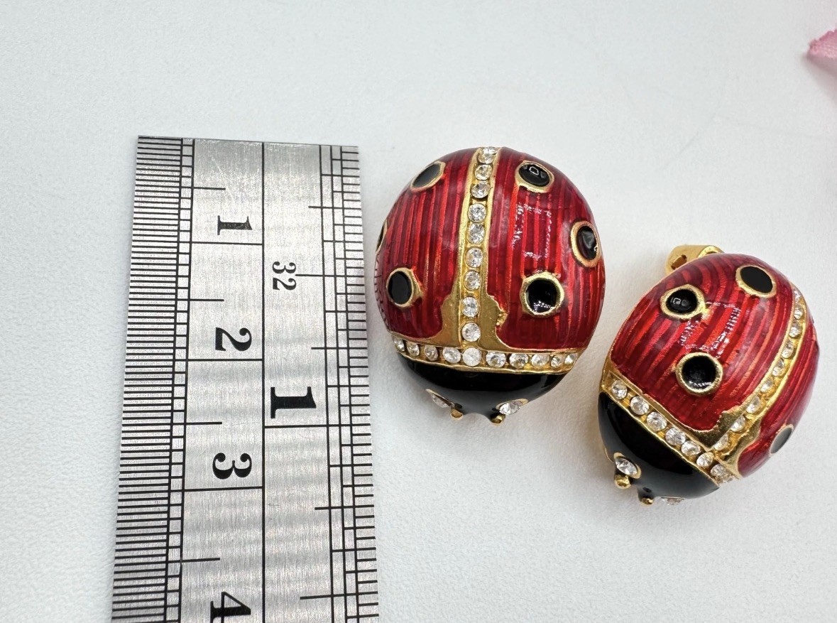 Vintage Signed MULTILANA Red Enamel Ladybug Clip On Earrings Lucky Bug Pair