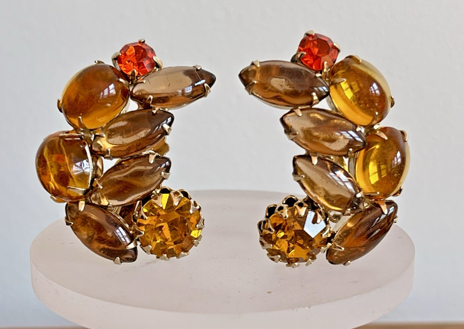Vintage Rhinestone Earrings Brown Fall Colors Cupcake Setting Open Back