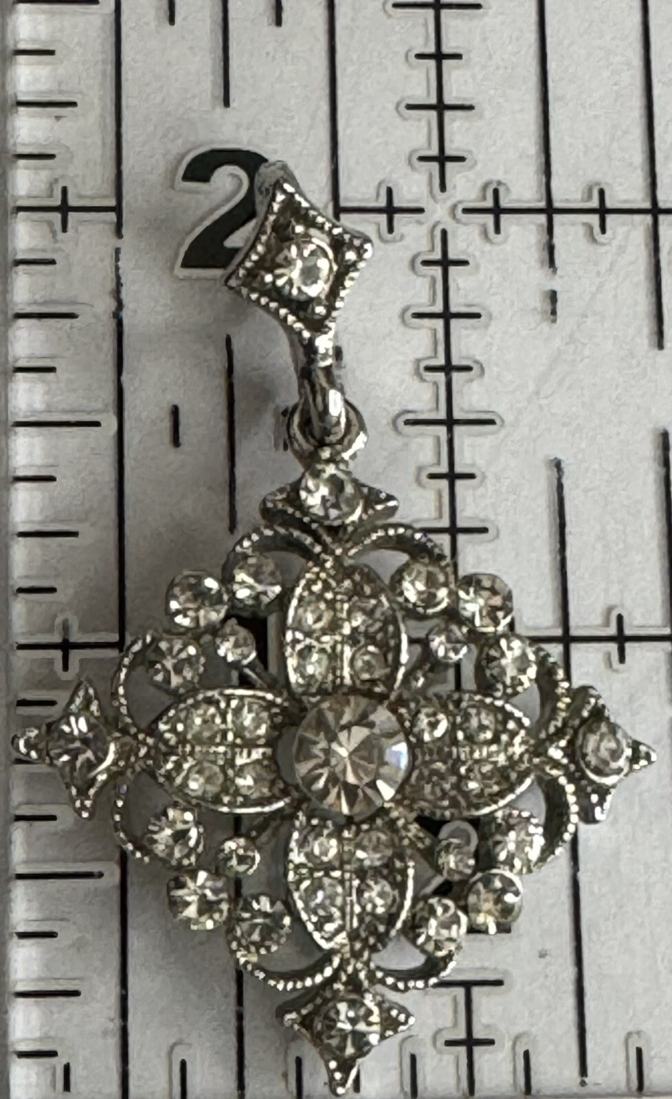 Diamond-Shape Pendant Art Deco Clear Rhinestones Silver Rhodium Plated 2” x 1.5”
