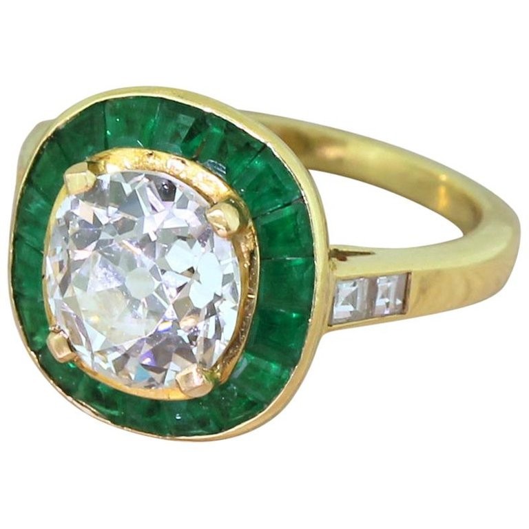 Round 2.54CT Lab Created Diamond Vintage Emerald Halo Ring 14K Yellow Gold Over