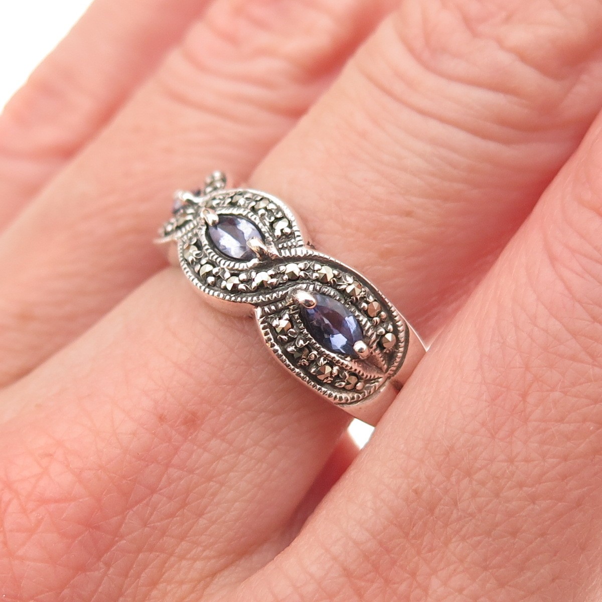 CNA Pranda Sterling Silver Vintage Real Iolite & Marcasite Oxidized Ring Size 9