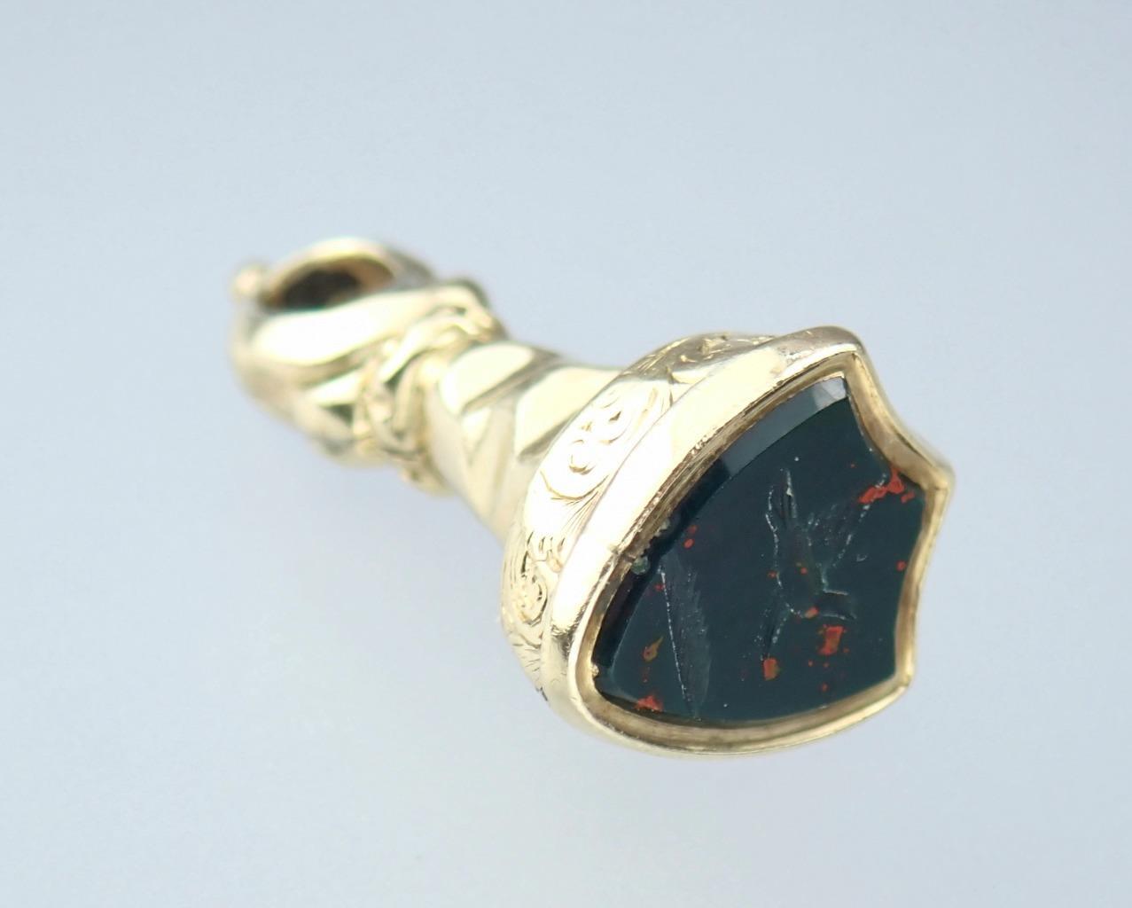 Fab Antique Georgian 9K Gold Bloodstone Floral Bird Pigeon Intaglio Seal Pendant