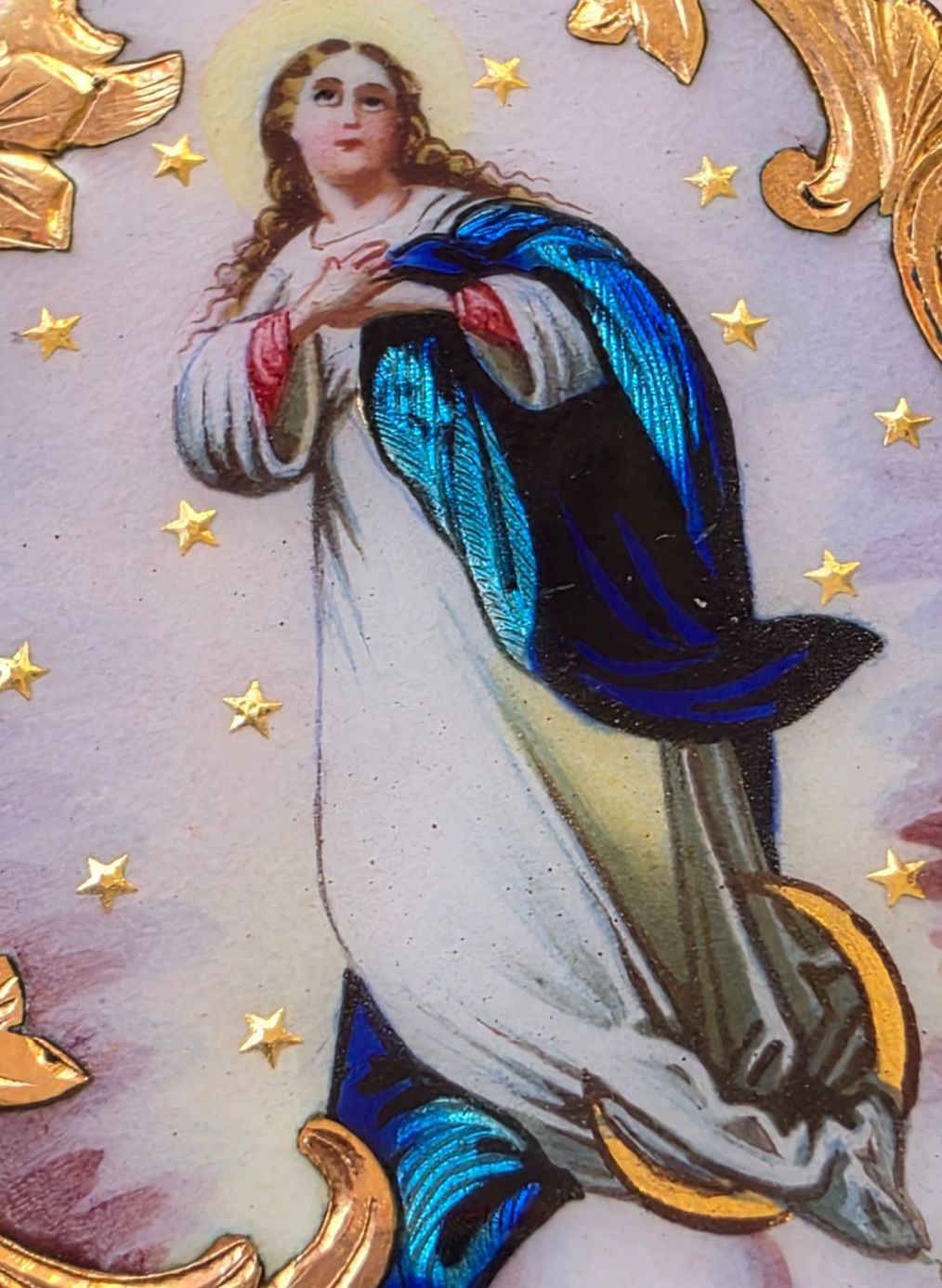 Antique 18K Gold Enamel Virgin Mary Pendant – 19th Century Religious Medal Rare