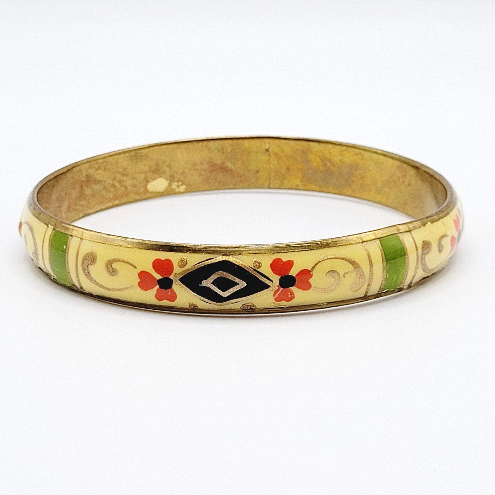 Hand Painted Cream Green Gold Enamel Vintage Bangle Brass Tone Bracelet 9 Inch