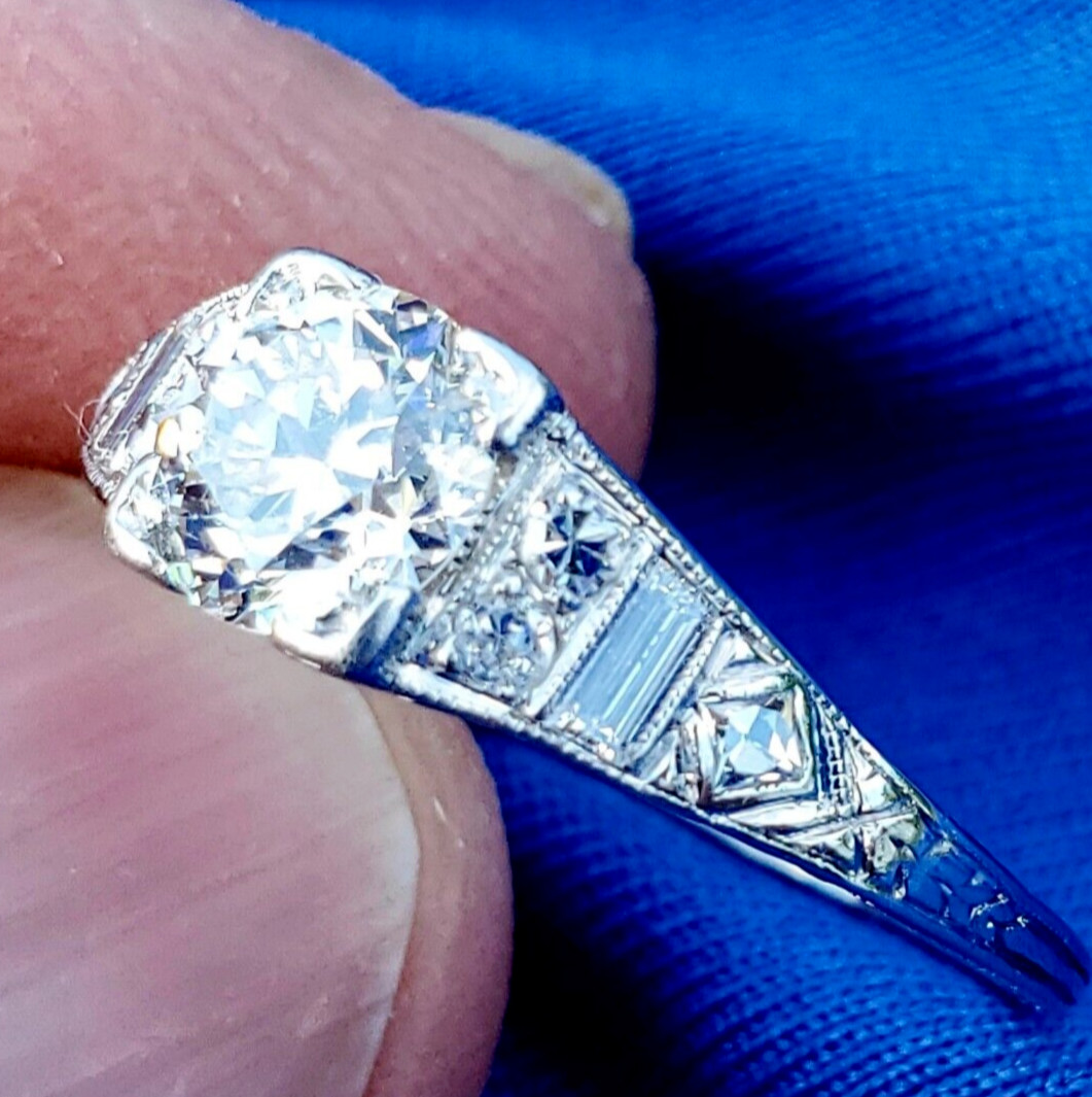 Original EARTH MINED DIAMOND ART Deco Engagement Ring 1 CARAT PLATINUM Solitaire
