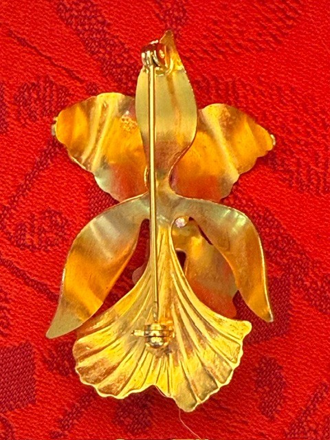 Vintage Cerrito Original 1982 Enamel Goldtone Orchid Pin Brooch