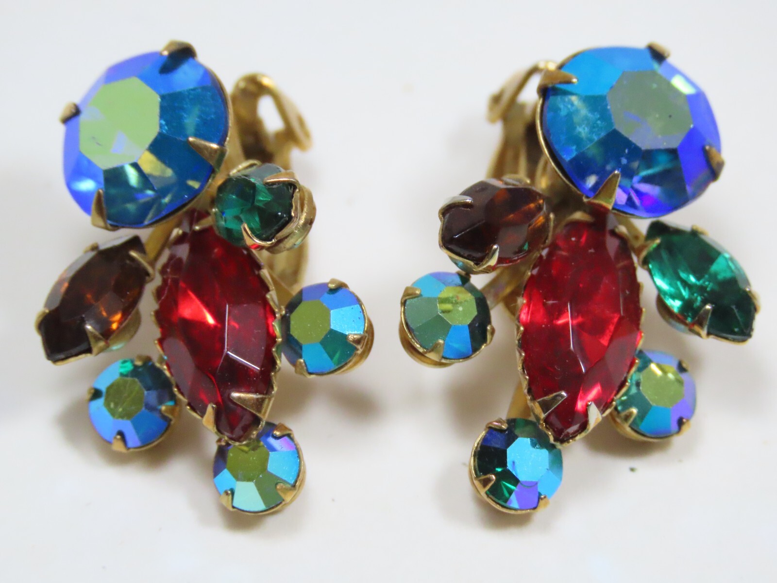 Rhinestone Earrings AB Red Blue Marquise Round VTG Clip Gold Tone Elegant D1688