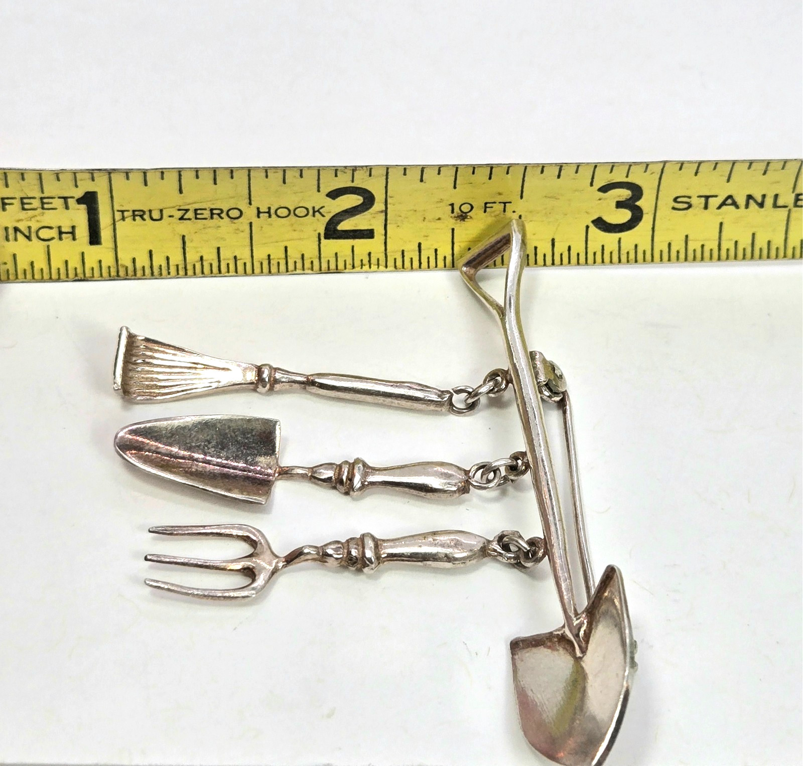 Vtg Sterling Gardening Brooch Pin Spade Trowel Fork Dangle Charm 925 Silver MEOW