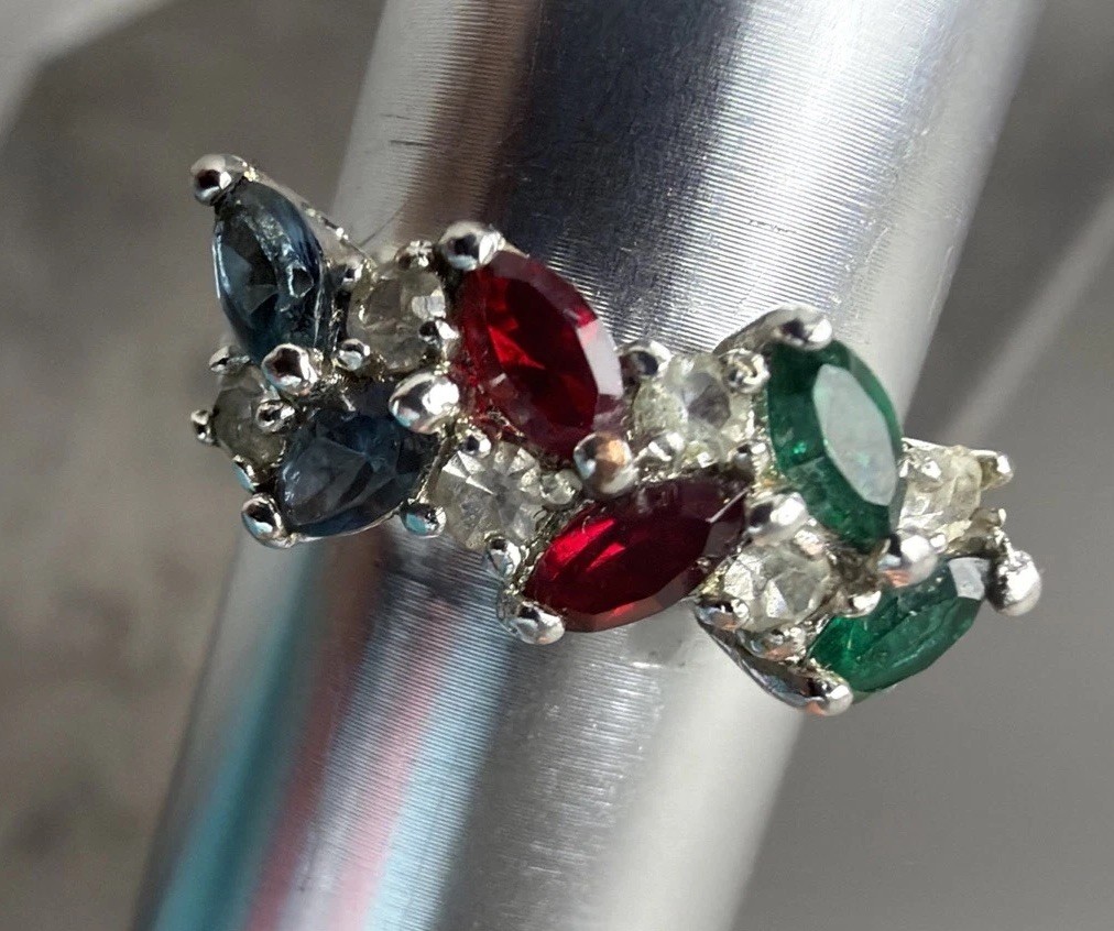 VTG Silver Ring with Marquise Cut Stones, Sapphire Ruby Emerald Color, Size 9.5