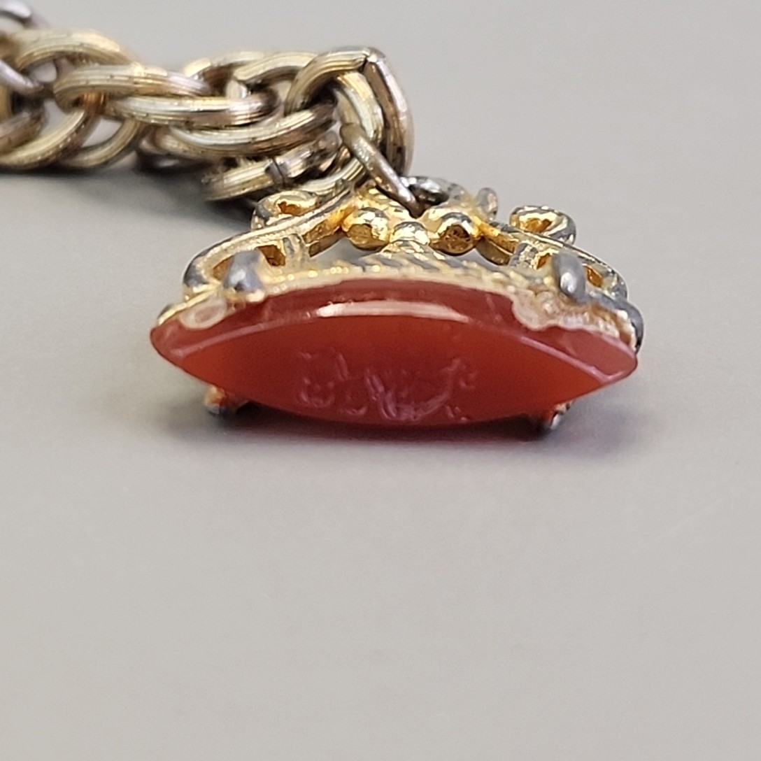 Vintage Intaglio Charm Coin Bracelet Carnelian Signet 7″ Signet Gold Tone Worn
