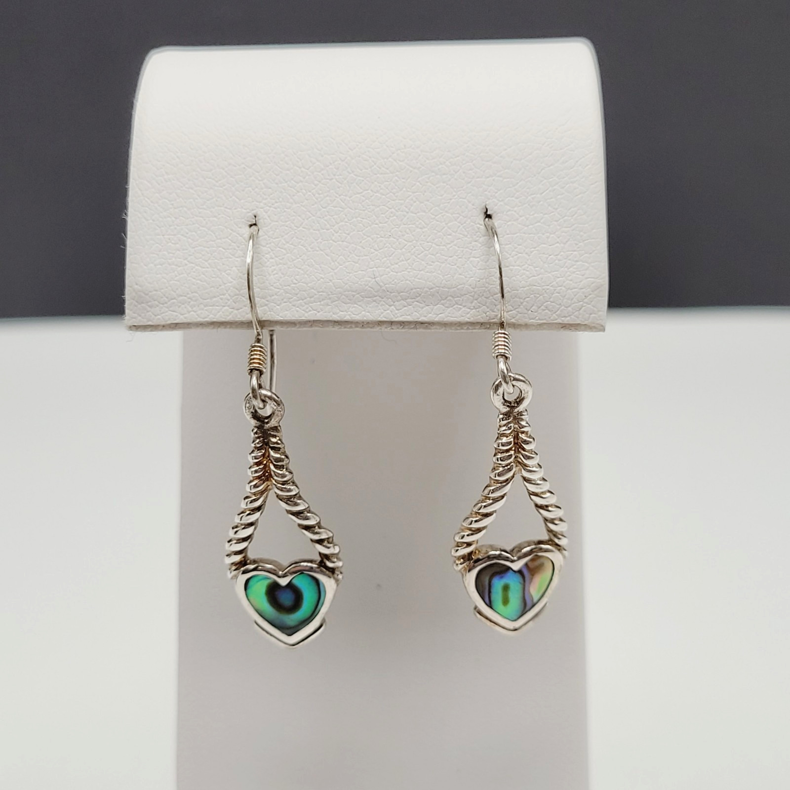 Heart Twisted Open Metal Paua Shell Inlay Sterling 925 MC Hook Pierced Earrings