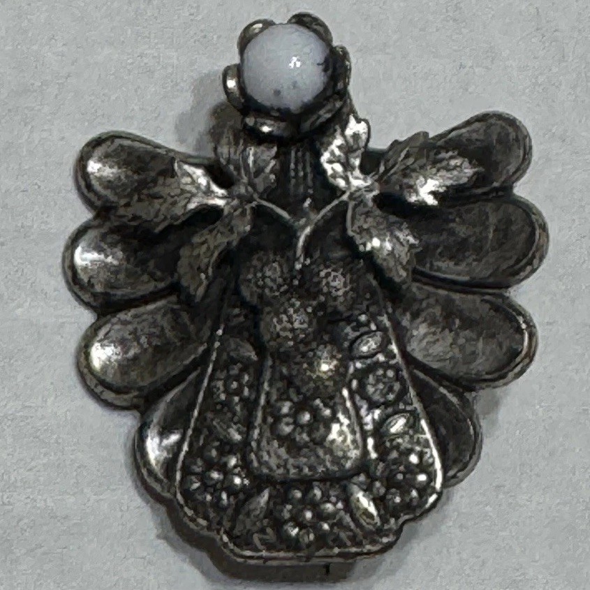 Signed JANE AOL Silver Tone Ornate Angel BROOCH PIN Faux Pearl Stone Vtg