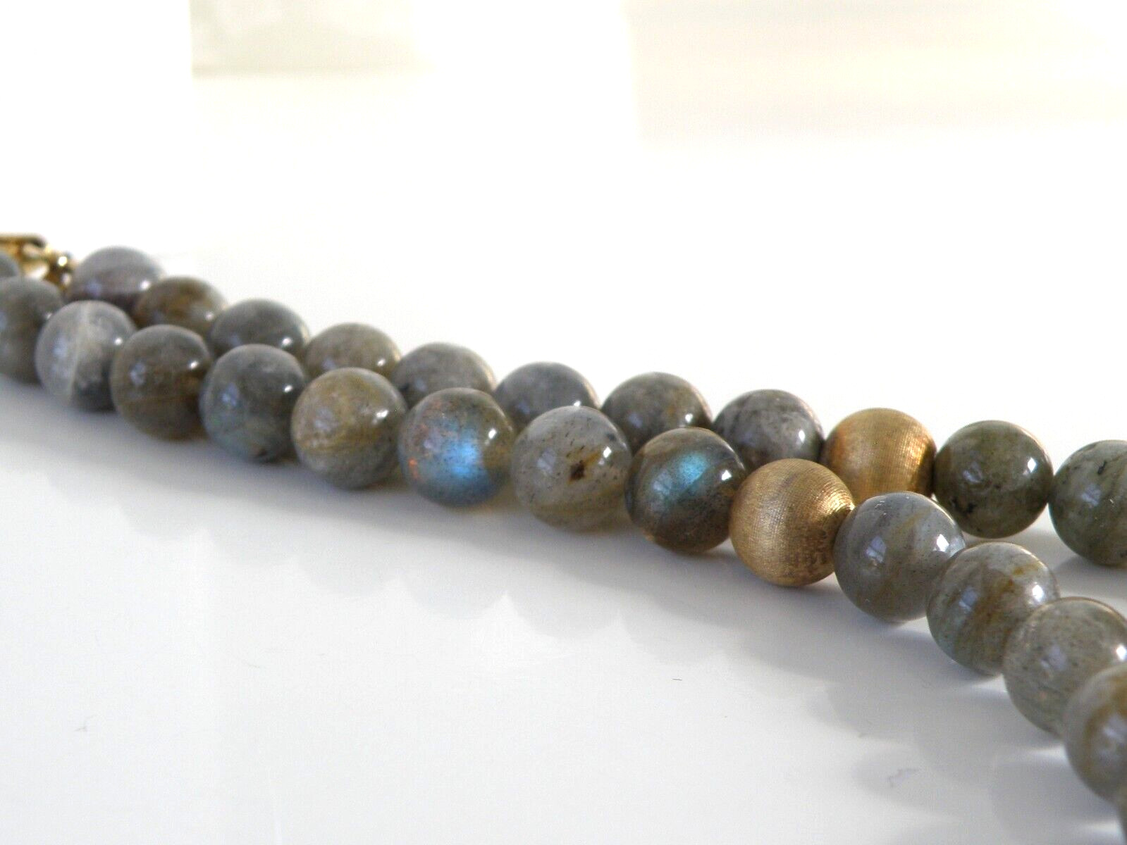 Vintage Sterling Silver 925 Gold on Natural Labradorite Bead Necklace 17.5″