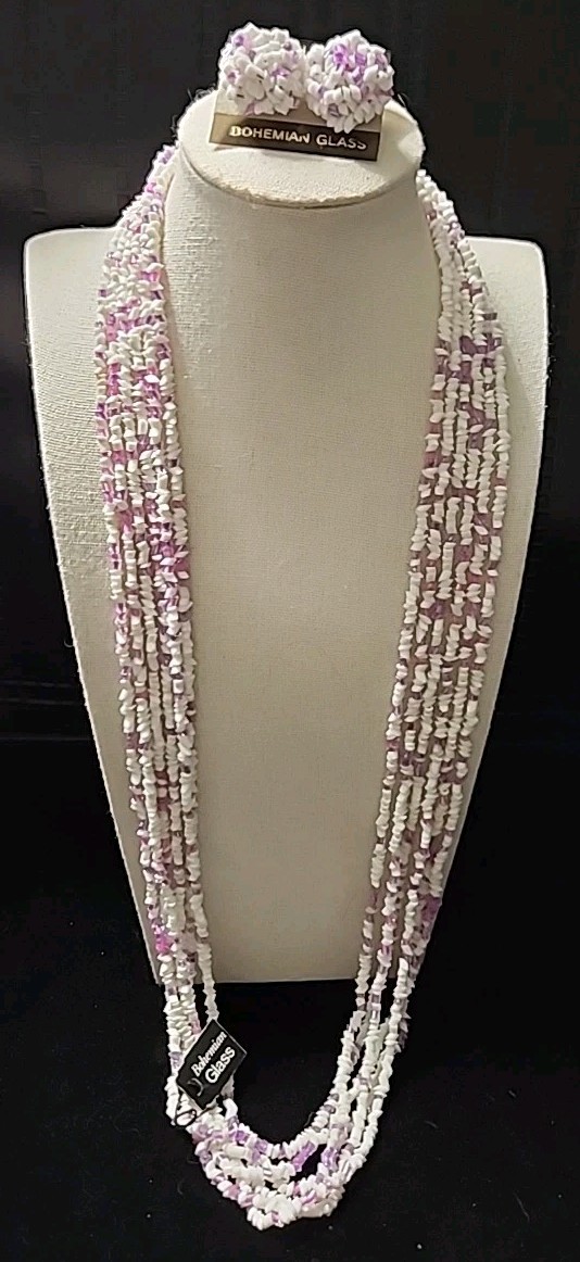 Bohemian Glass Vintage Necklace & Pierced Earring Set White/Purple/Pink 80s-90’s