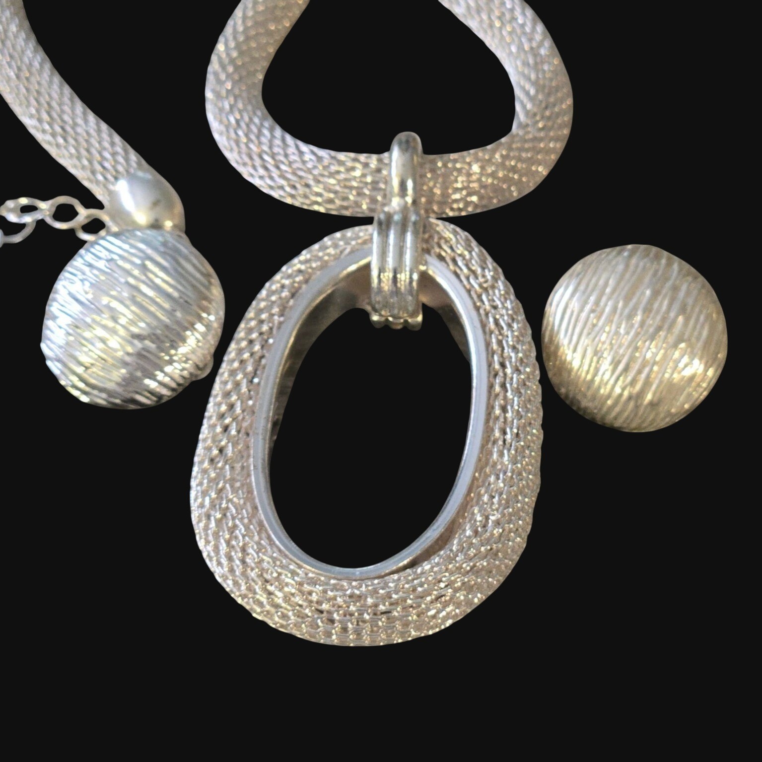 Vintage Crown Trifari Mesh Necklace & Earrings Silver Tone Modernist Mid century