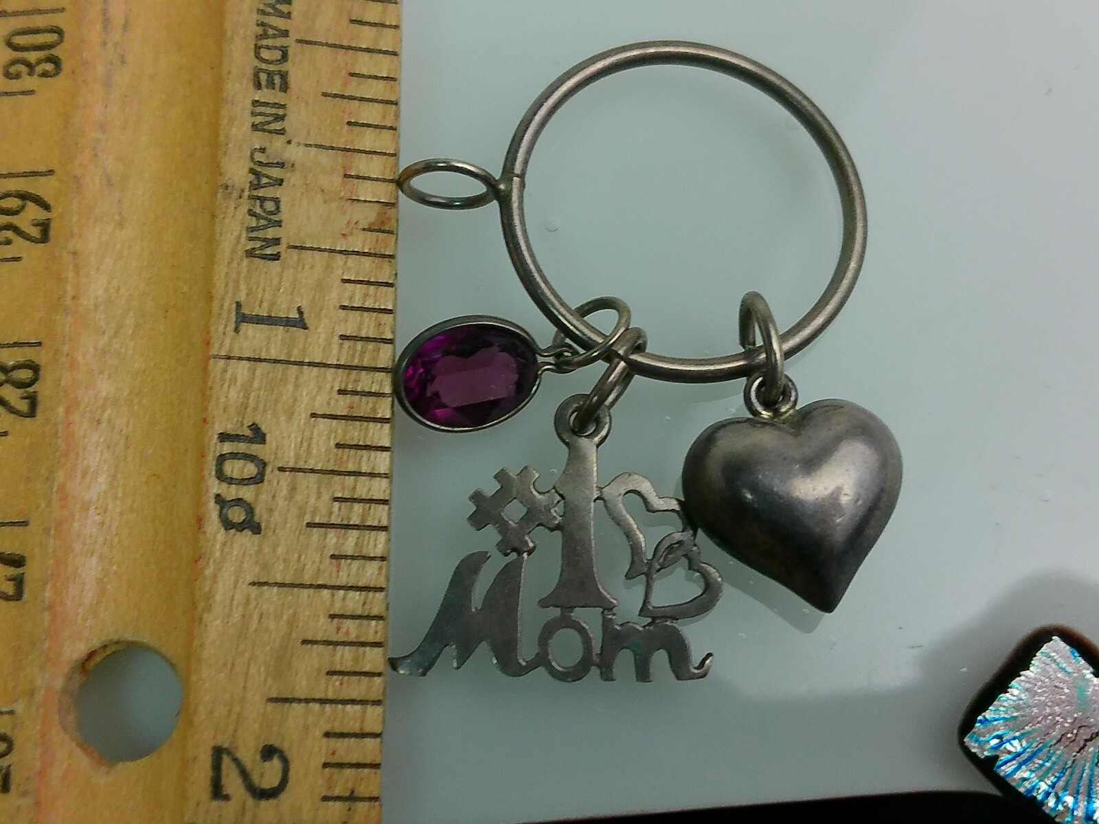 Vtg Sterling Silver #1 Mom Puff Heart Pink Glass Stone Charms Round Holder Lot