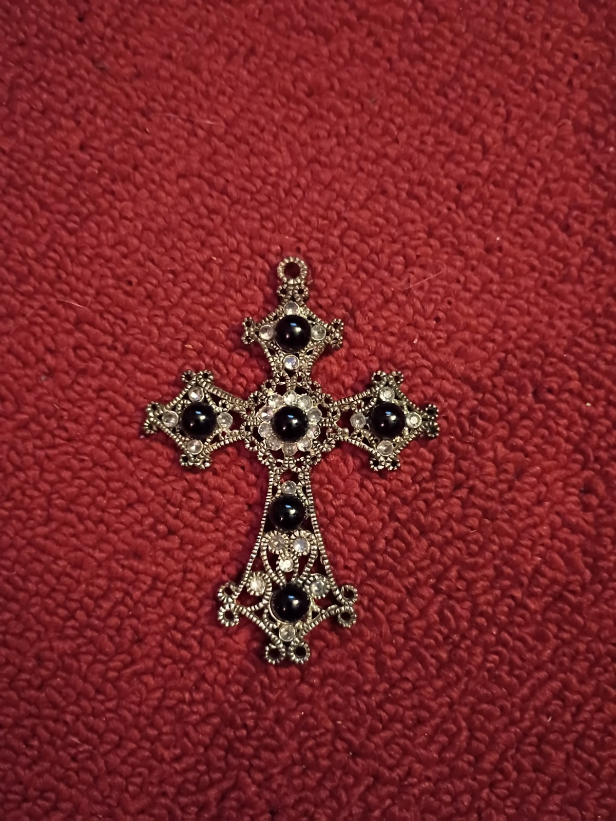 Vintage Gothic Cross Neckless Pendant Black Onyx Beads Clear Rhinestones