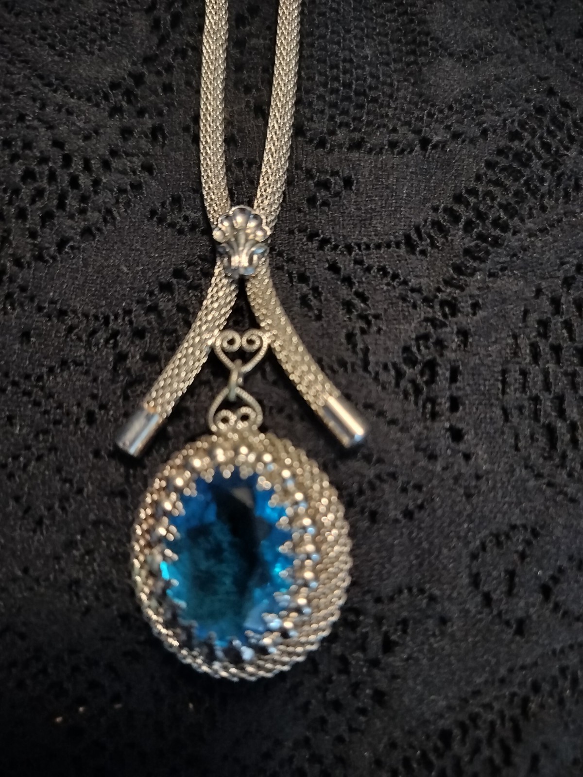 Vintage silver chain necklace with ornate blue oval glass pendant, 60s-80s style