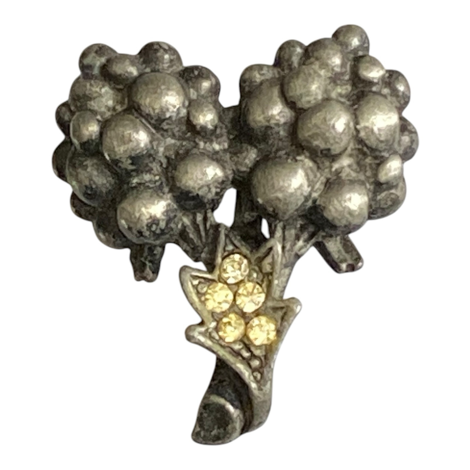 Vintage Bunch Of Grapes Brooch Lapel Pin Cluster Fruit Silver Tone Rhinestone