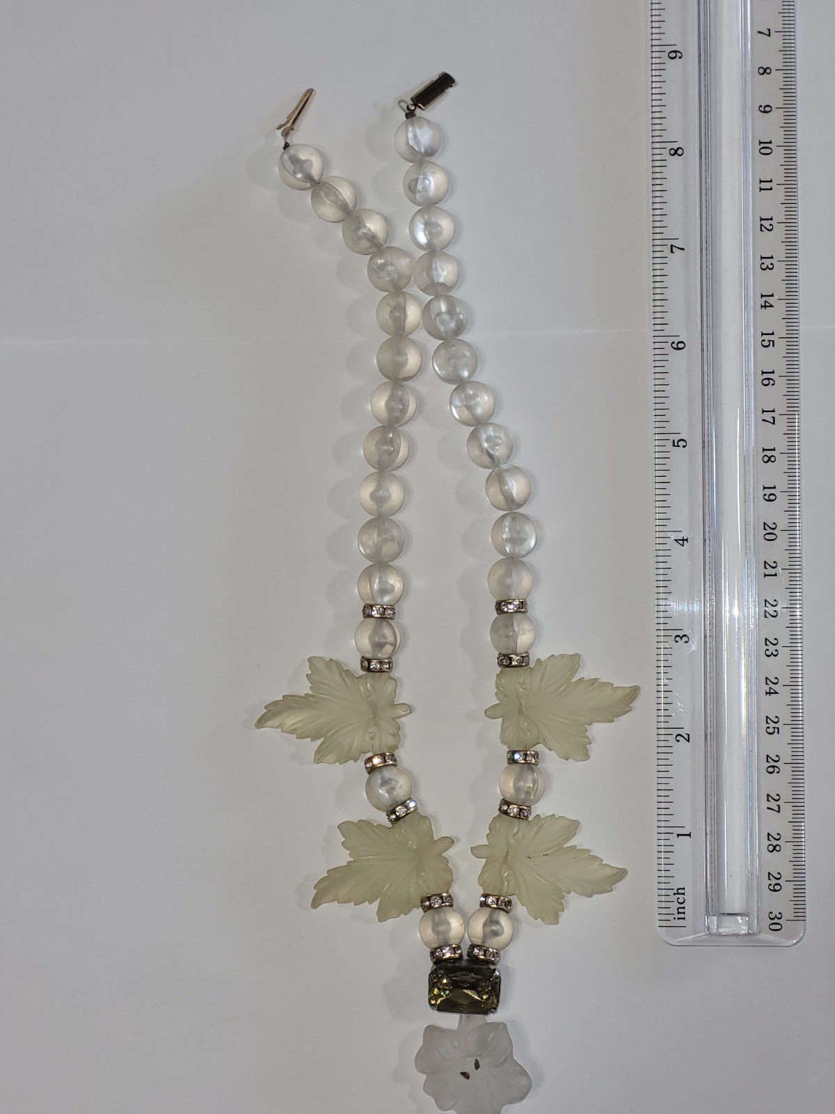 Vintage Carved Lucite Maple Leaf Necklace Clear Crystal Beaded Statement Jewelry