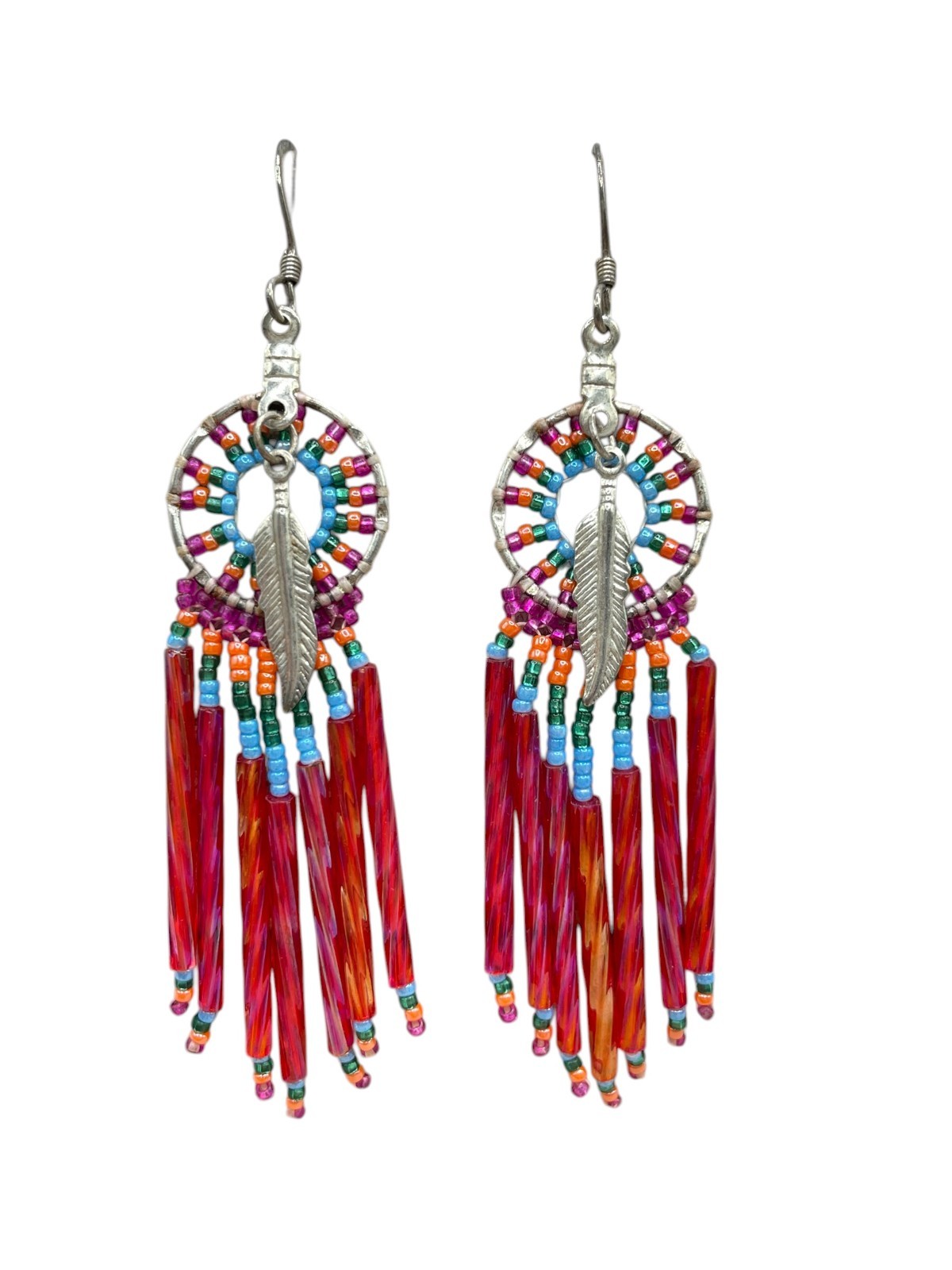 VTG Seed Bead Native dream catcher fringe dangle hook earrings Boho Western 3″