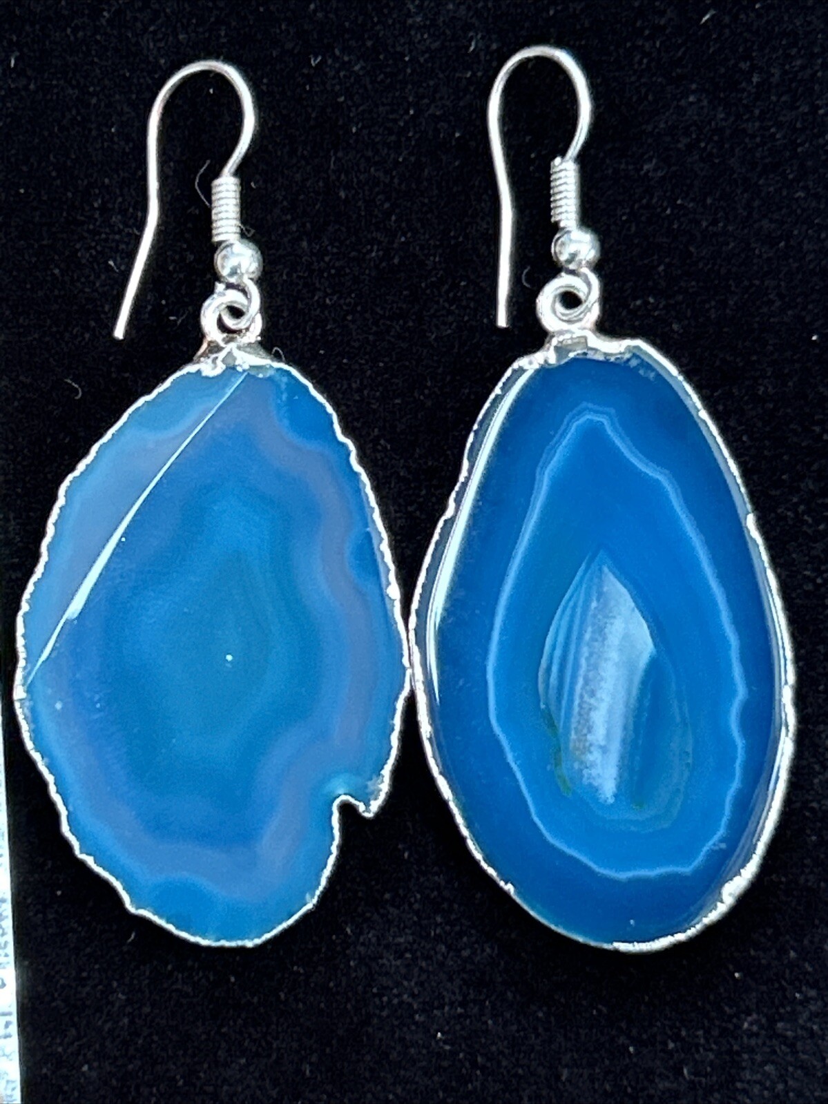 Vintage Silver Tone Blue Geode Slice Dangle Drop Pierced Earrings Large 2.25”