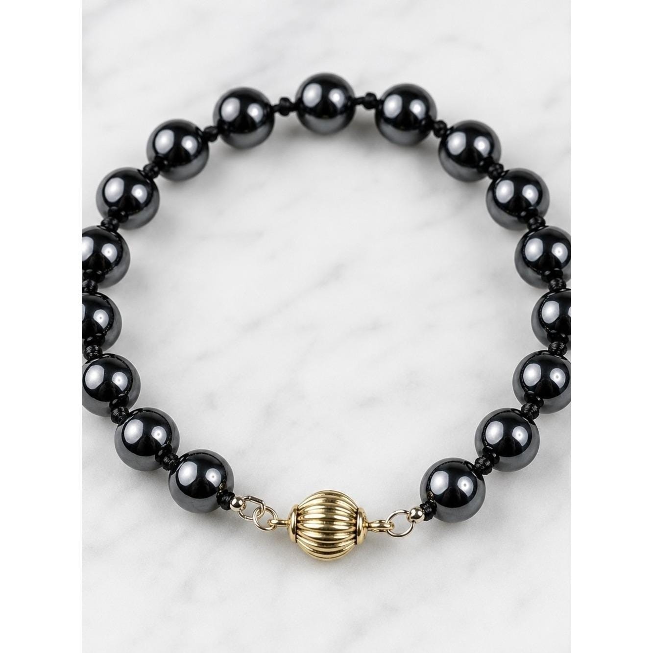 Vintage Black Hematite Bracelet Hand Knotted Beads Gold Tone Barrel Clasp