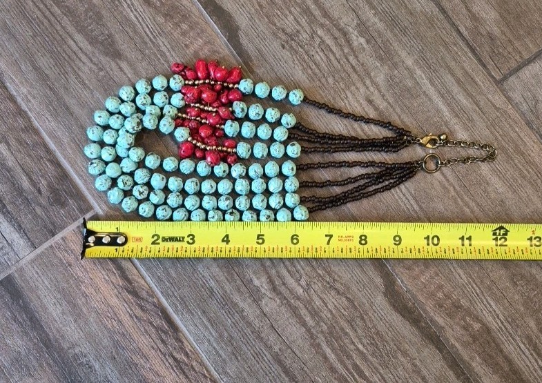 Vtg Handcrafted Turquoise Red Coral Chunky Four Strand Beaded Statement Necklace