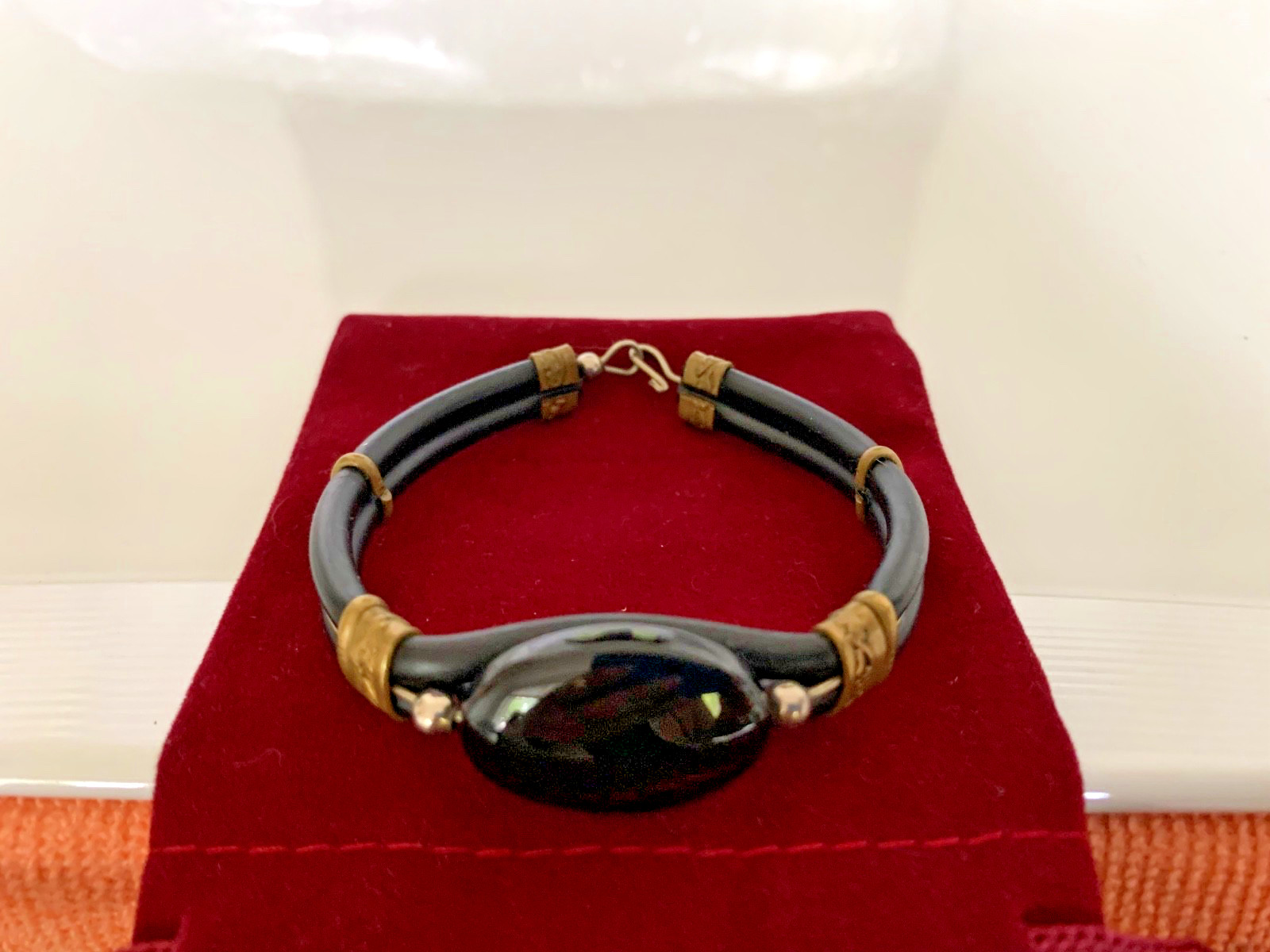 Vintage Black Onyx Style Bracelet Brass Spacers Boho Artisan Hook Clasp