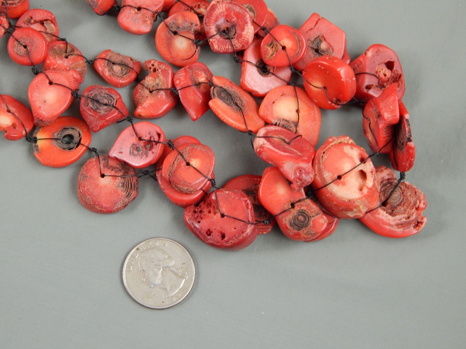 Vintage 3 Strand Sliced Red Bamboo Coral Bib Statement Bead Necklace 24″ adj