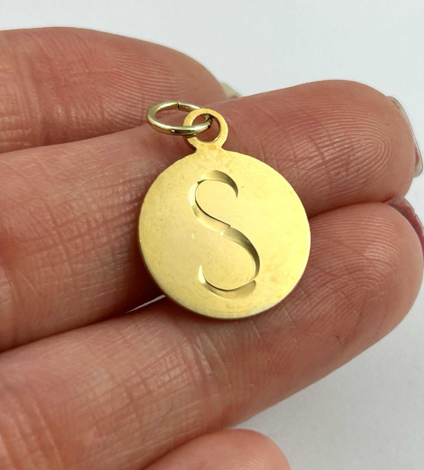 Vintage Initial S Charm Dainty Pendant Etched Gold Plated Metal Vintage Jewelry