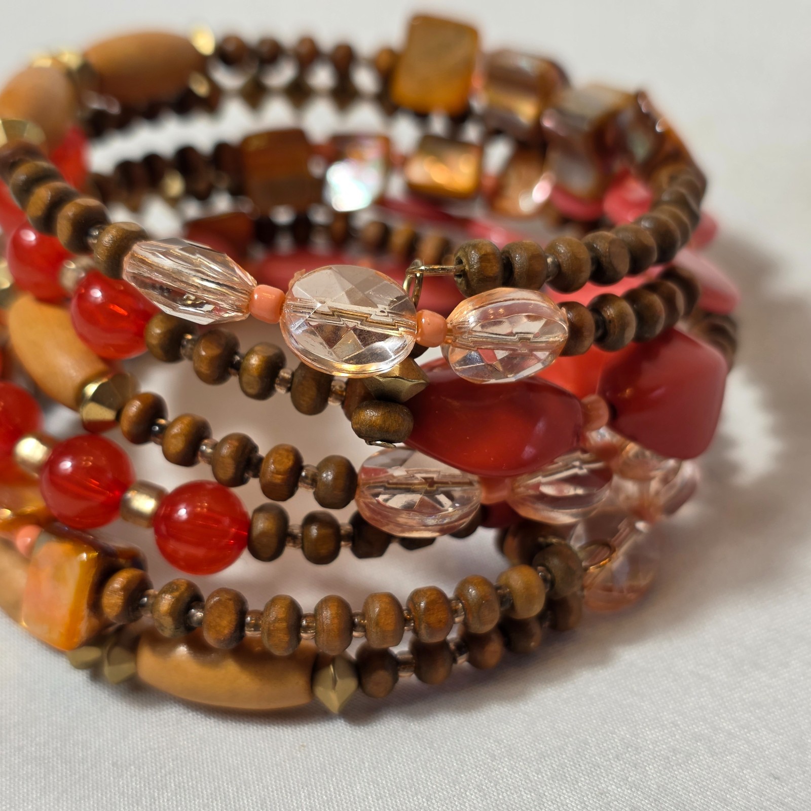 Bohemian-Style Multi-Strand Wrap Bracelet Warm Earthy Tones Wood & Glass Beads