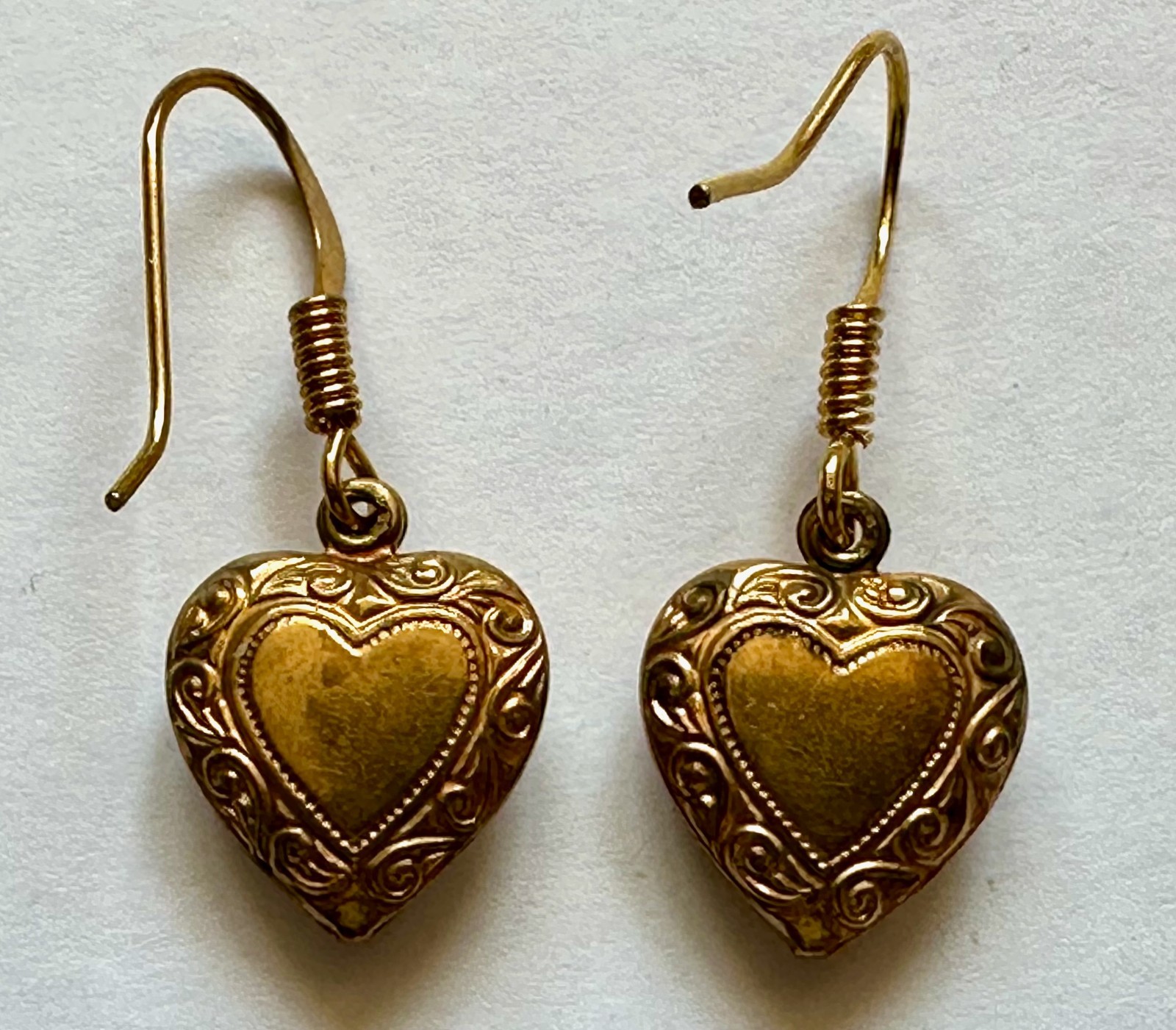 VINTAGE HEART PUFF GUILLOCHE PINK FLOWER BRASS CHARM 5/8 OF 1″ EARRINGS TINY