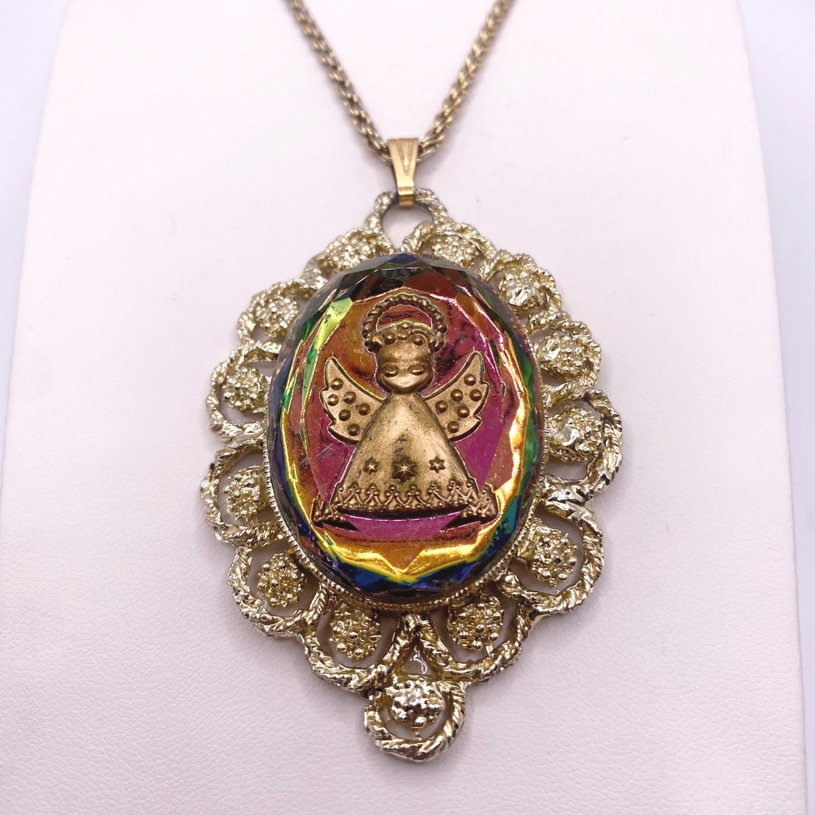 Vintage Glass Angel Intaglio Cameo Chrome Pendant 2″ and Necklace 22” long