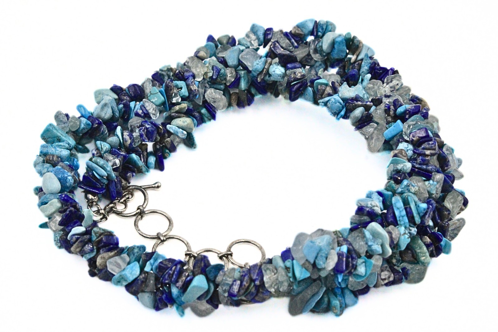 Stunning HSN Lapis Quartz Turquoise Nugget Beads Braided Rhodium Plate Necklace
