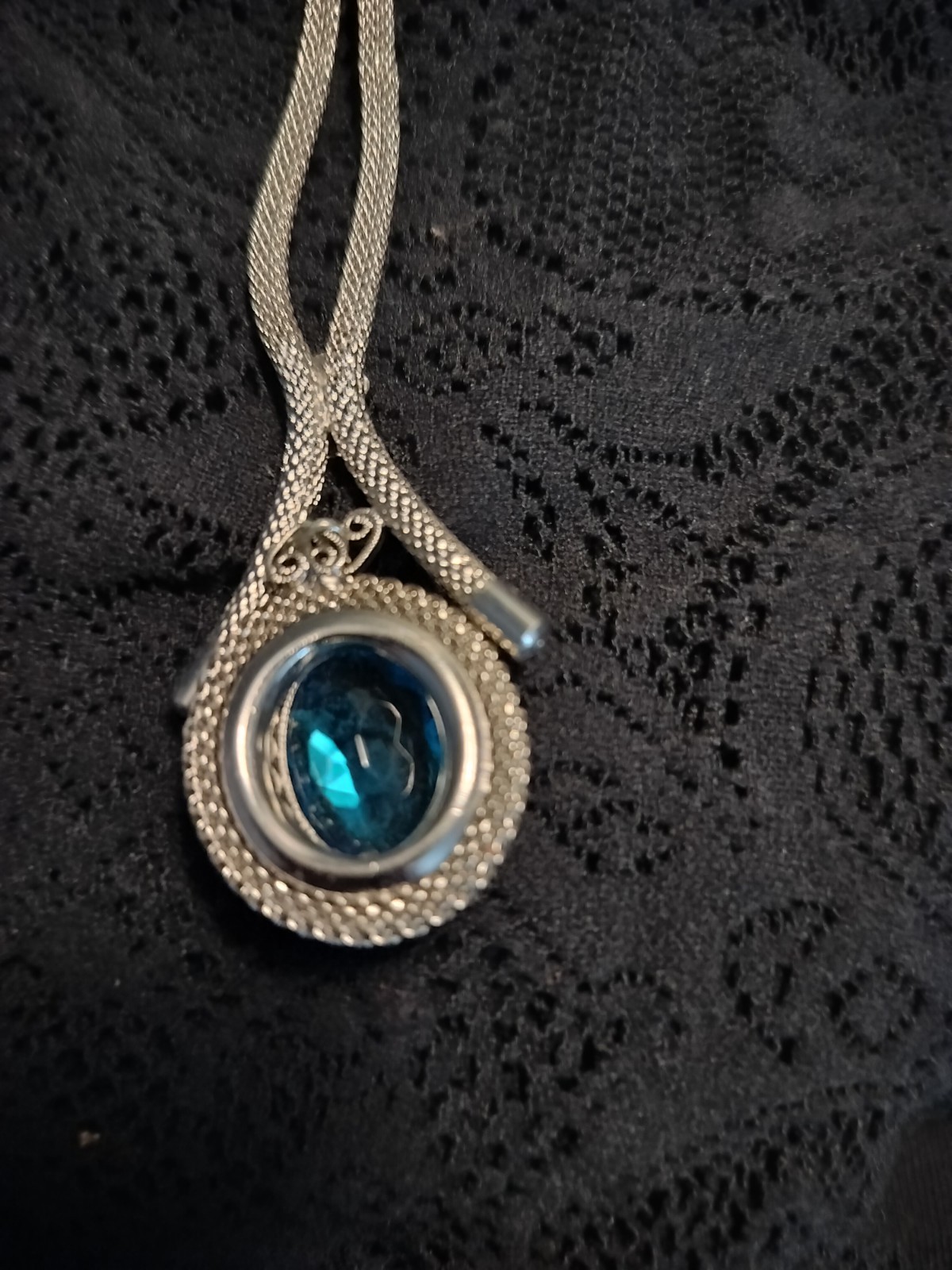 Vintage silver chain necklace with ornate blue oval glass pendant, 60s-80s style