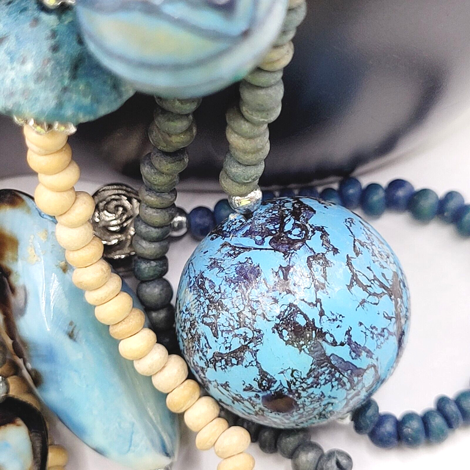 Peacock Blues Silver Tone Multi Strand Unique Bead Styles Vintage Necklace 24 In