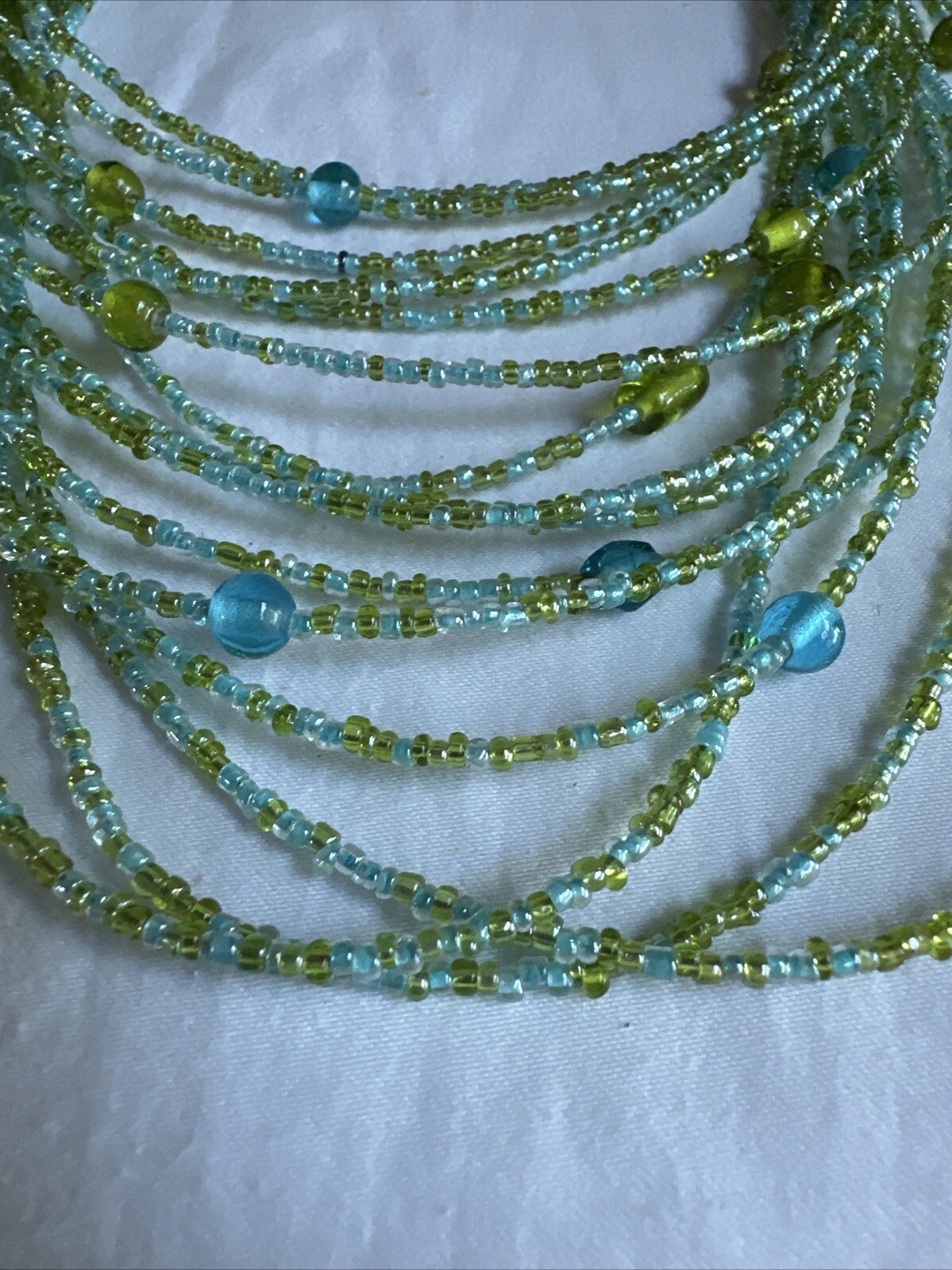 Vintage Seed Bead Multi Strand Wrap Statement Necklace Green, Blue, 22