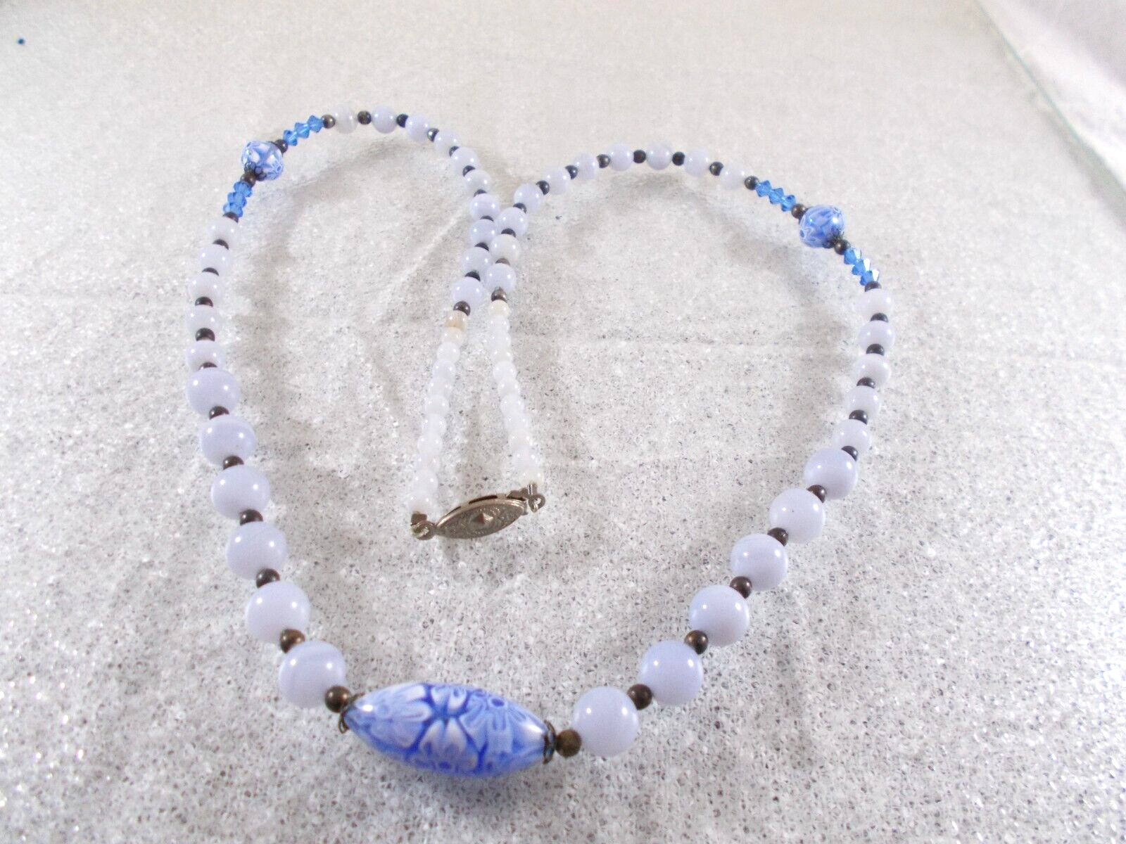 Graduated Blue Glass Bead Necklace with Millefiori Bead Accents Fish Hook Clasp