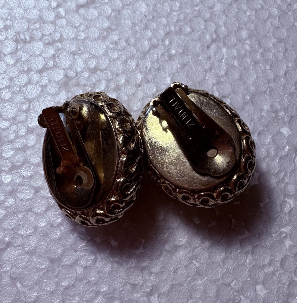 Vintage Zentall Clip On Earrings Green Cabochon Pearl Halo Gold Tone MCM Classic