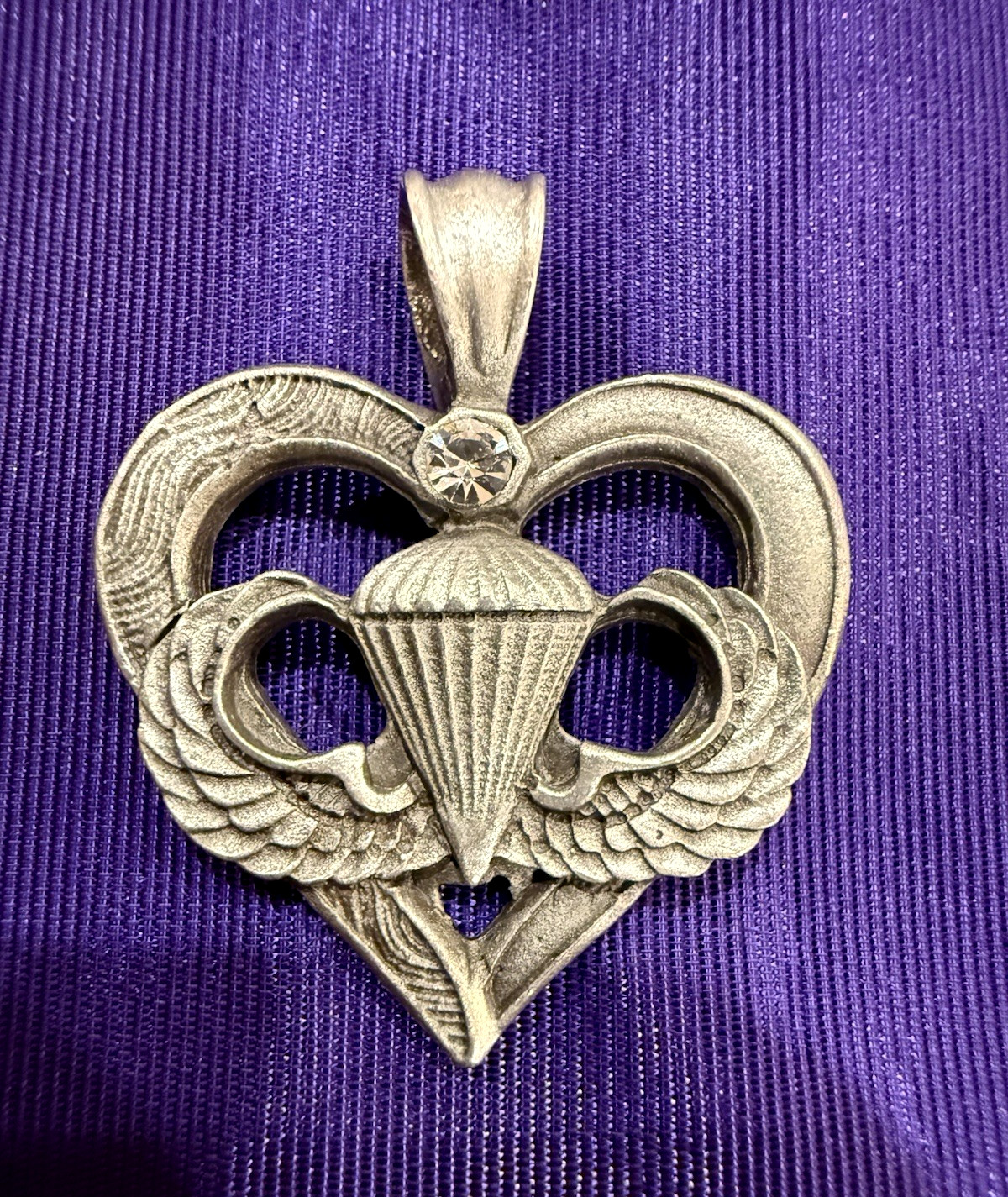 Vintage US Army Paratrooper Pewter Heart Pendant with Rhinestone Accent