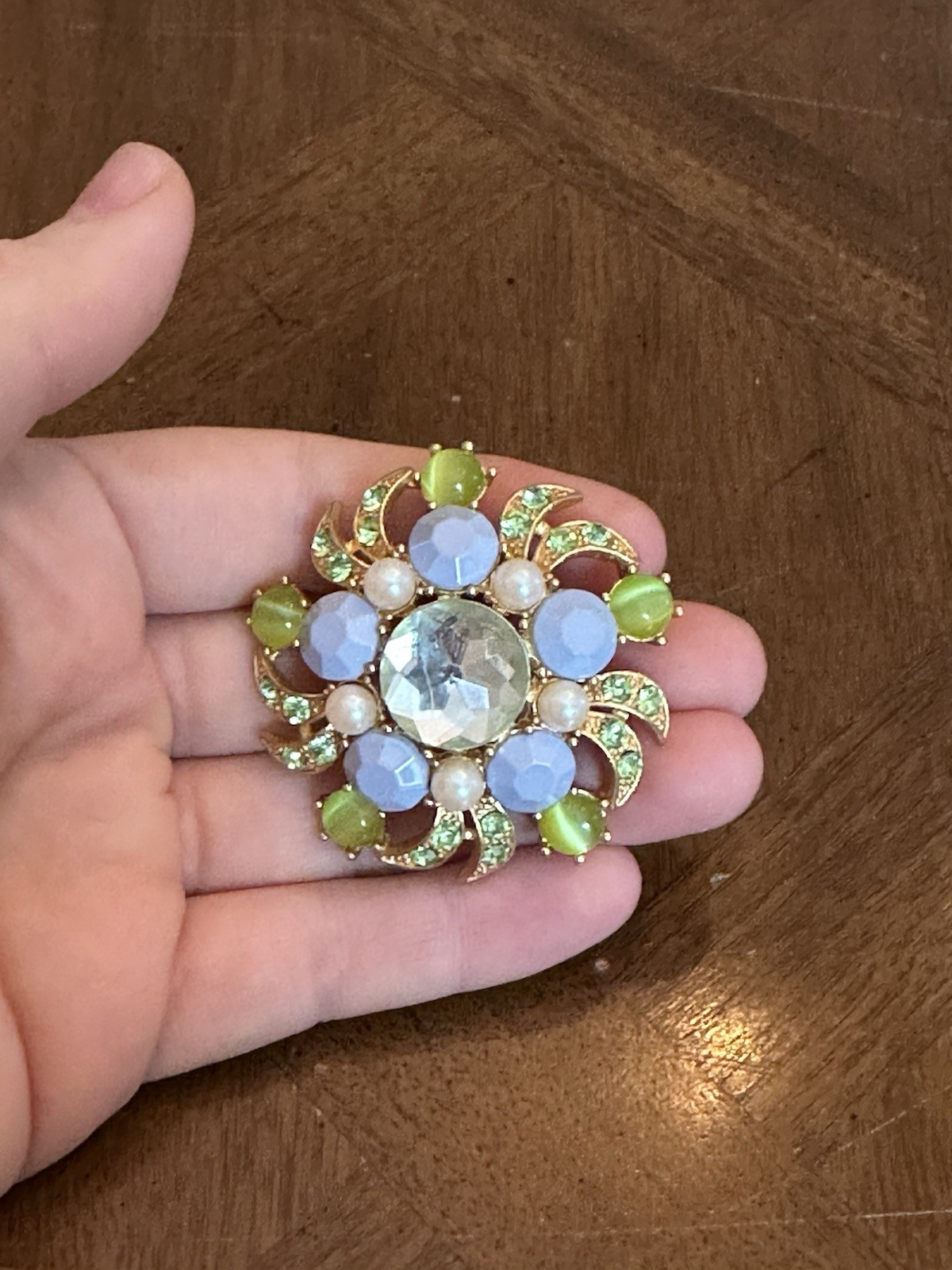 Vintage Blue & Green Rhinestone Faux Pearl Floral Cluster Brooch Gold Tone Nice!