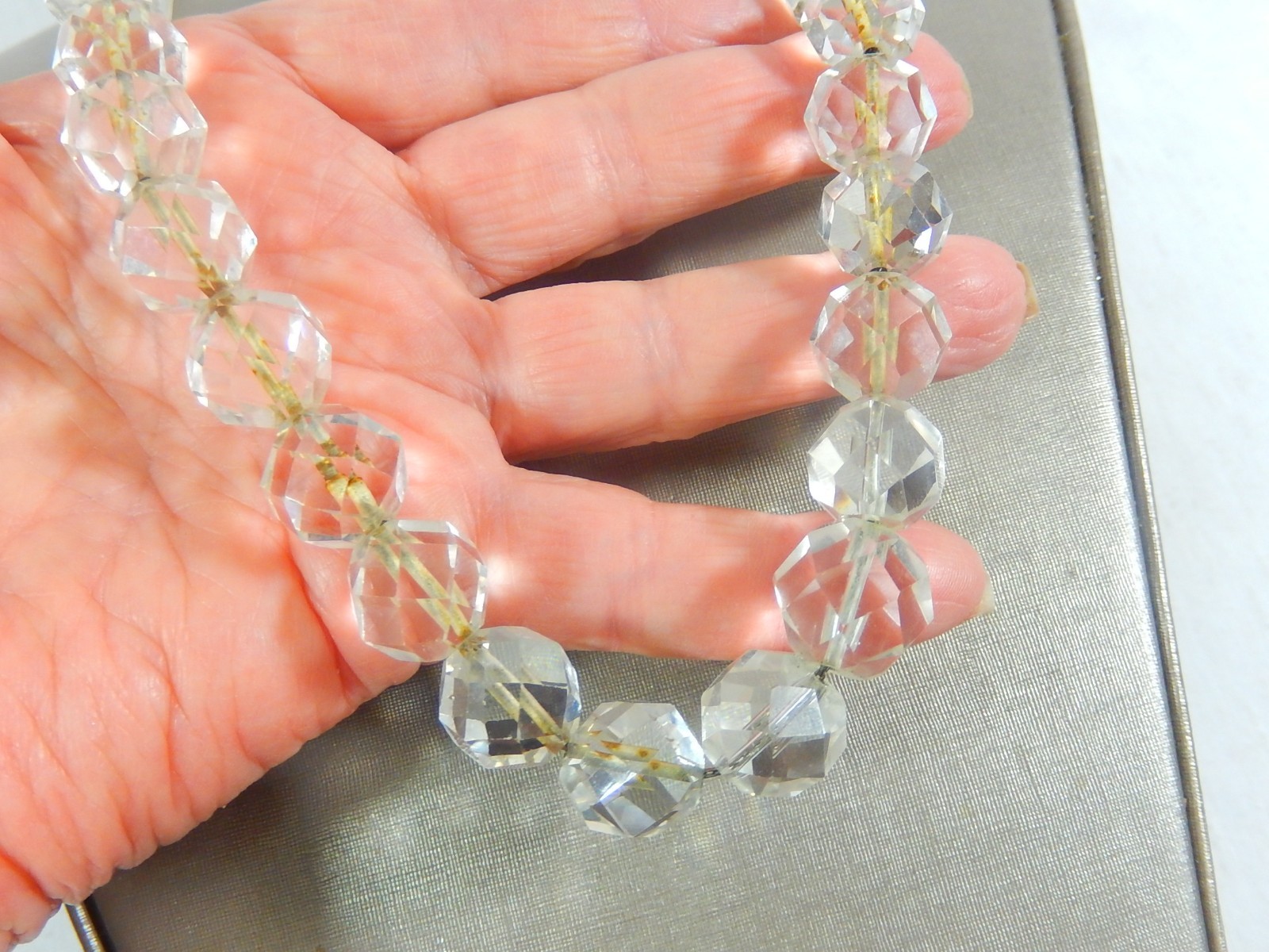ANTIQUE ART DECO LARGE FACETED QUARTZ ROCK CRYSTAL BEAD STERLING 20″ NECKLACE