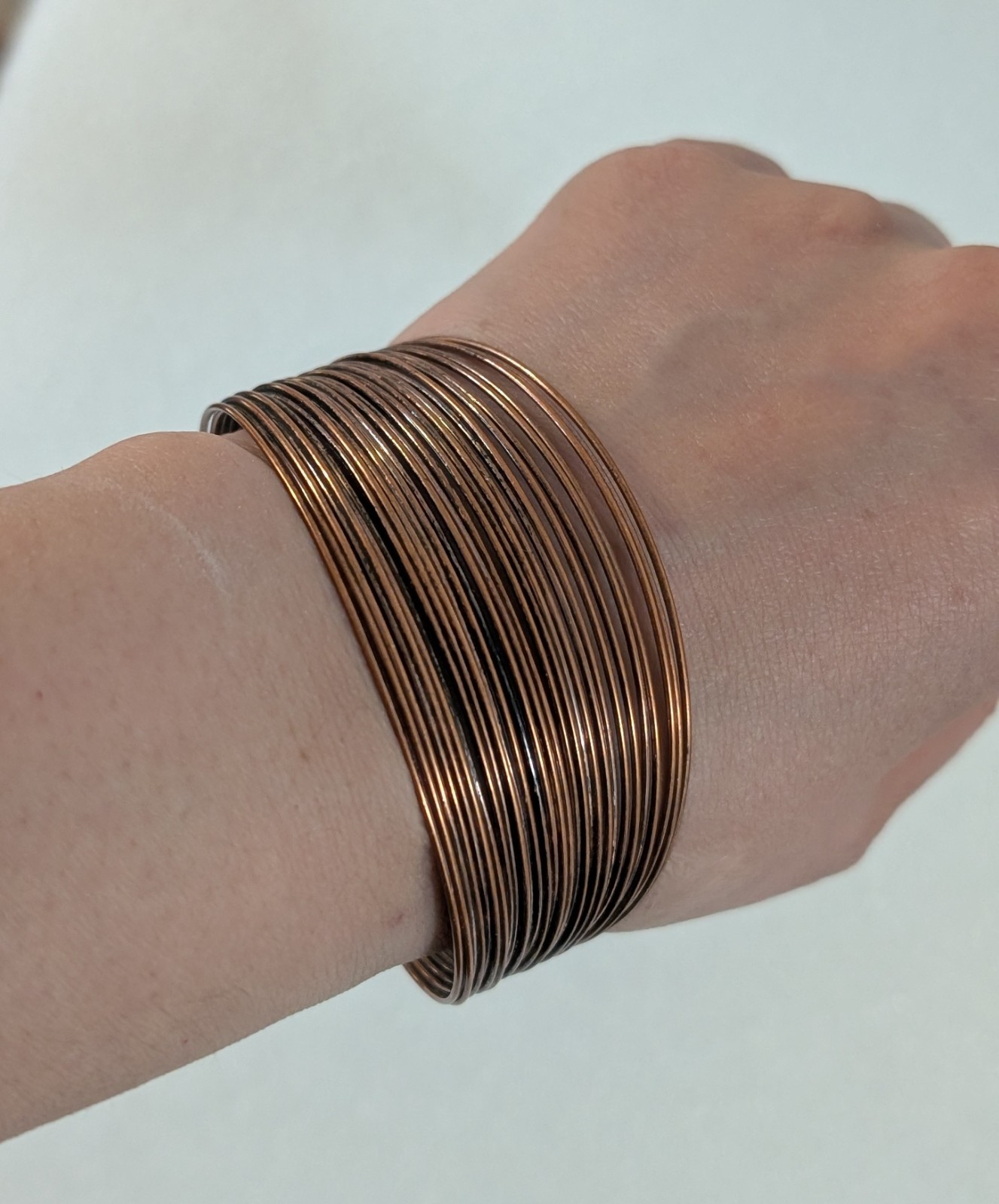 Vtg Copper Tone Wire Modernist Cuff Bangle Bracelet