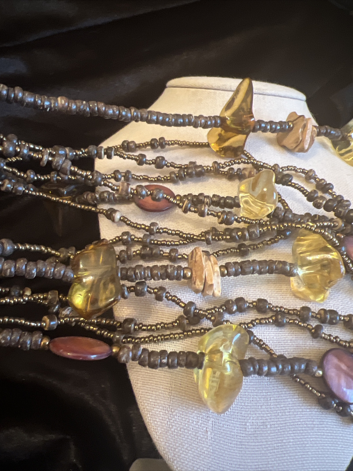 1946 Brand Brown Gold Color Lucite MOP And Wood Bead Multilayer Necklace Vtg