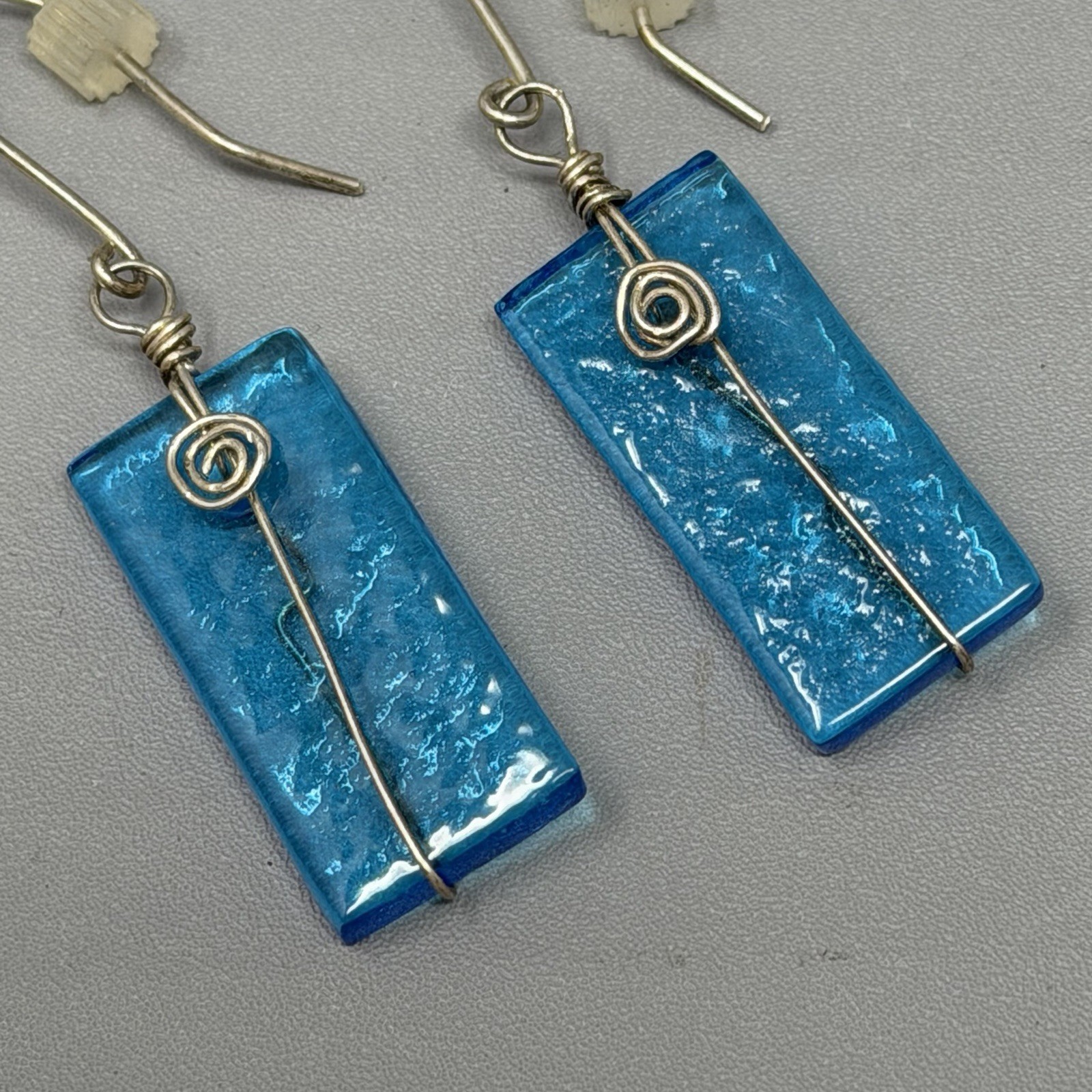 Blue Glass Bead Earrings Wire Wrapped Rectangle Dangle Drop Pierced Bohemian