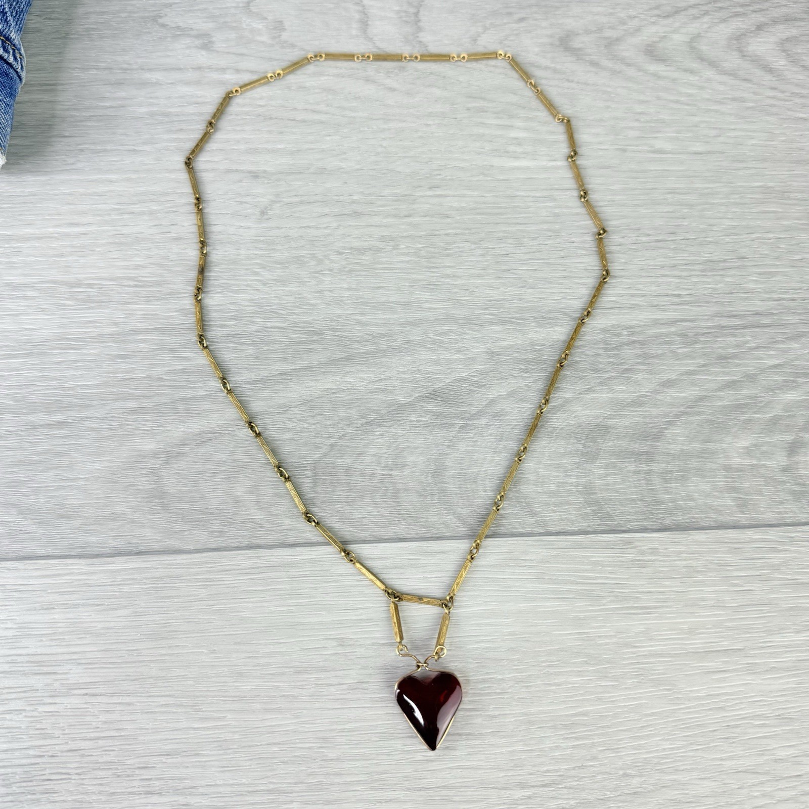 Antique Art Deco Gold Brass Tone Bar Link Long Chain Pendant Necklace